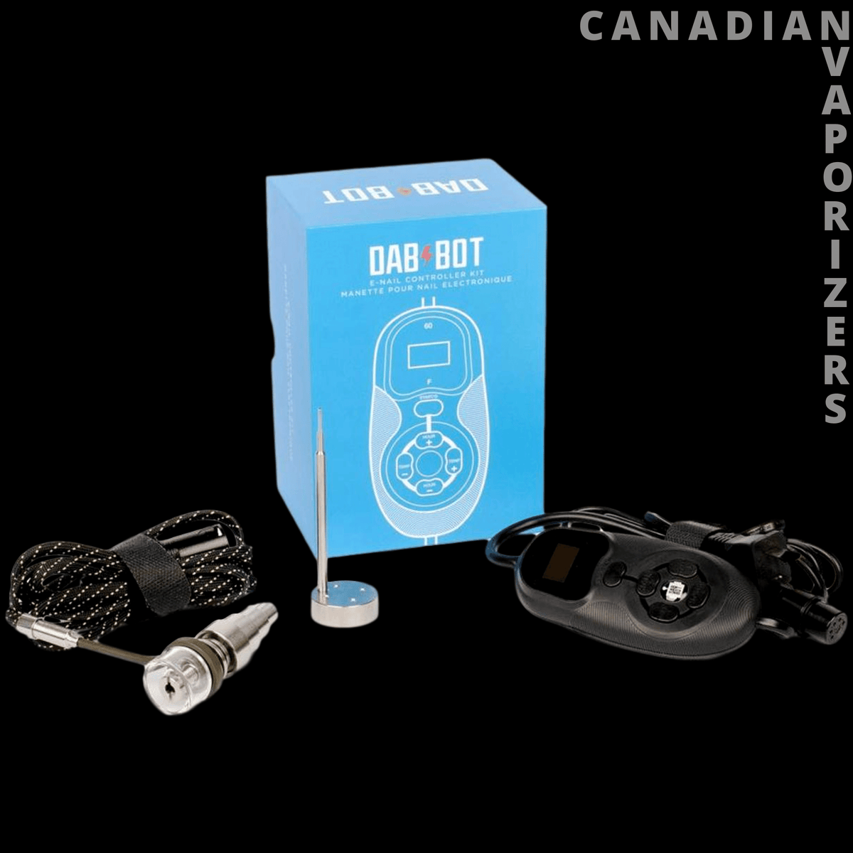 Dab Bot E-Nail Kit - Dab Bot E-Nail kit with blue box, coiled heating coil, controller, and accessories on a black background.