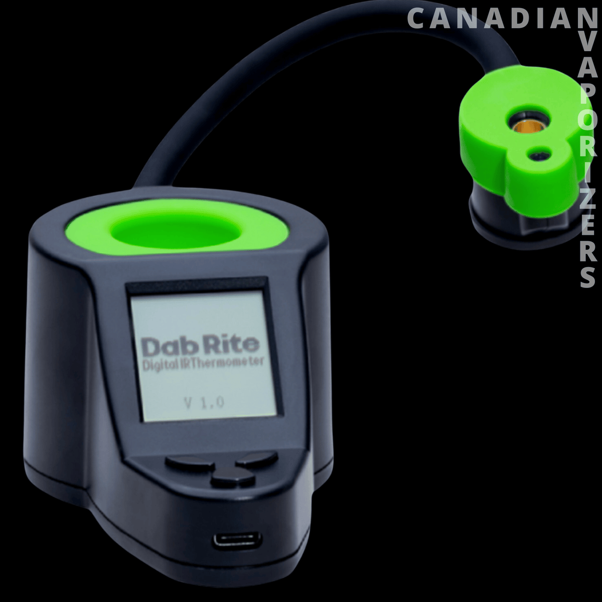 Dab Rite Digital IR Thermometer - Black Dab Rite digital infrared thermometer with bright green sensor ring, LCD screen, and attached cable.