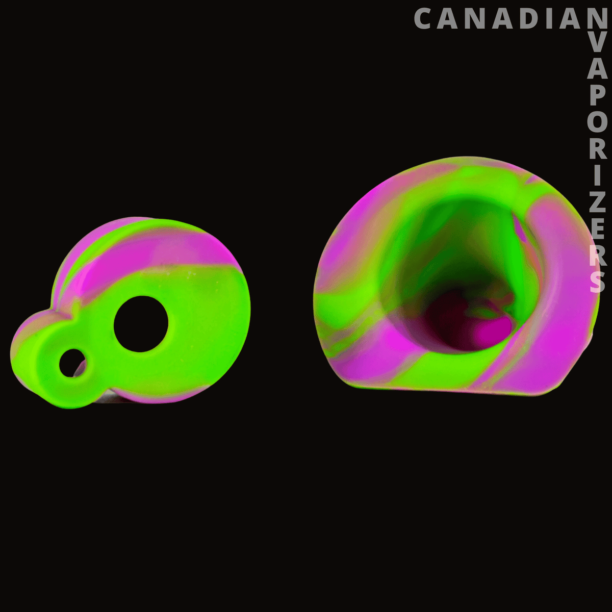 Dab Rite Replacement Silicone Covers - Neon green and pink marbled silicone covers, shown as a small round piece and a larger curved cover.