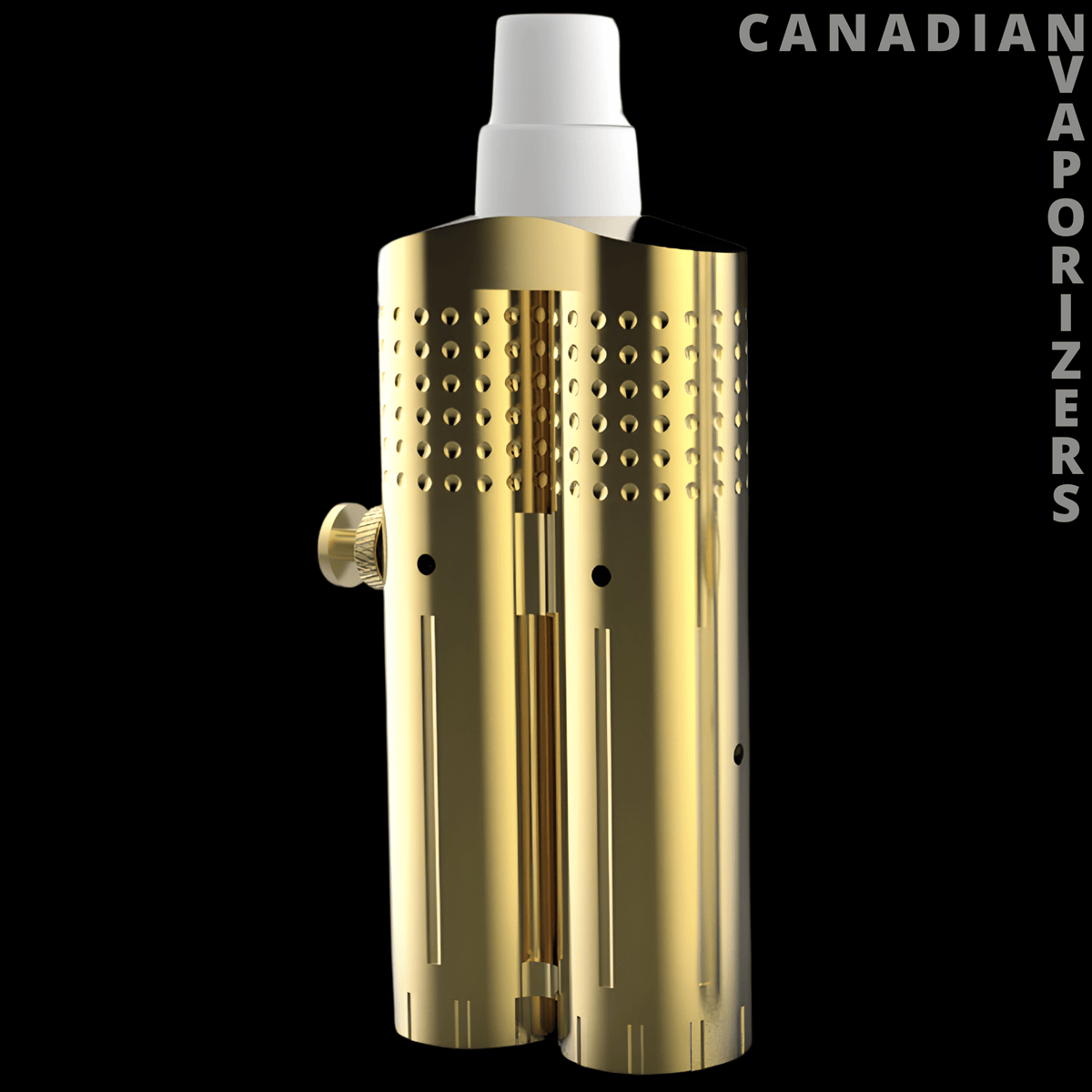 Dabatoke XL - Gold perforated metal Dabatoke XL vaporizer with a white mouthpiece and side button.