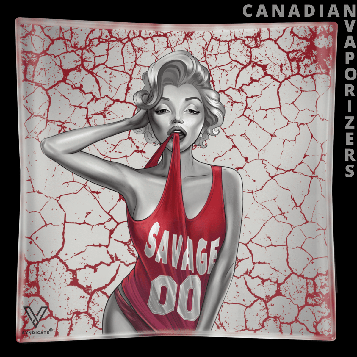 Dank Diva Glass Ashtray - Square glass ashtray featuring a vintage-style woman in a red “Savage 00” jersey on a cracked white background.