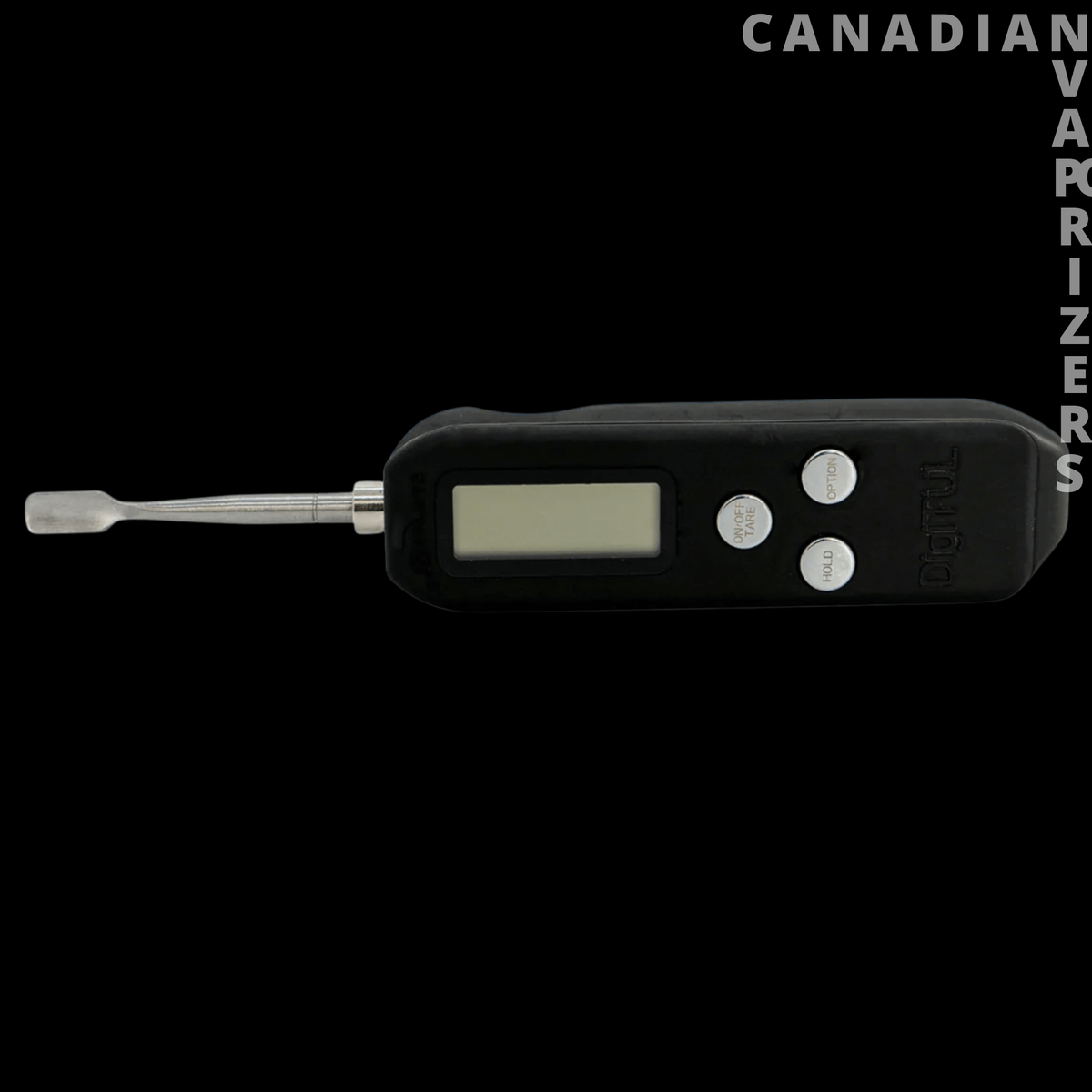 DigiTul - Black digital caliper with LCD screen, silver measuring rod, and three control buttons.