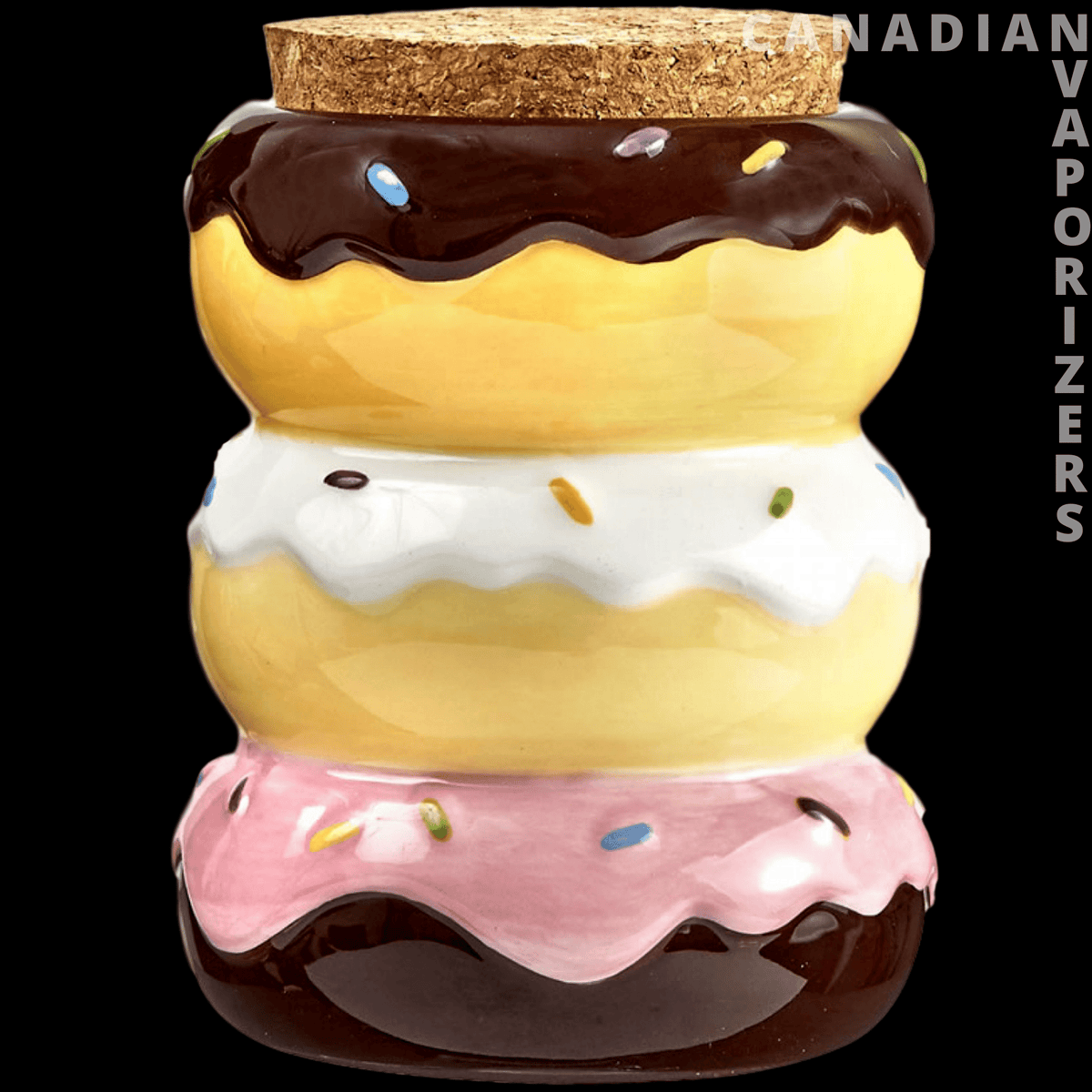 Donut Ceramic Stash Jar - Donut-shaped ceramic stash jar stacked with chocolate, yellow, and pink icing layers and colorful sprinkles.