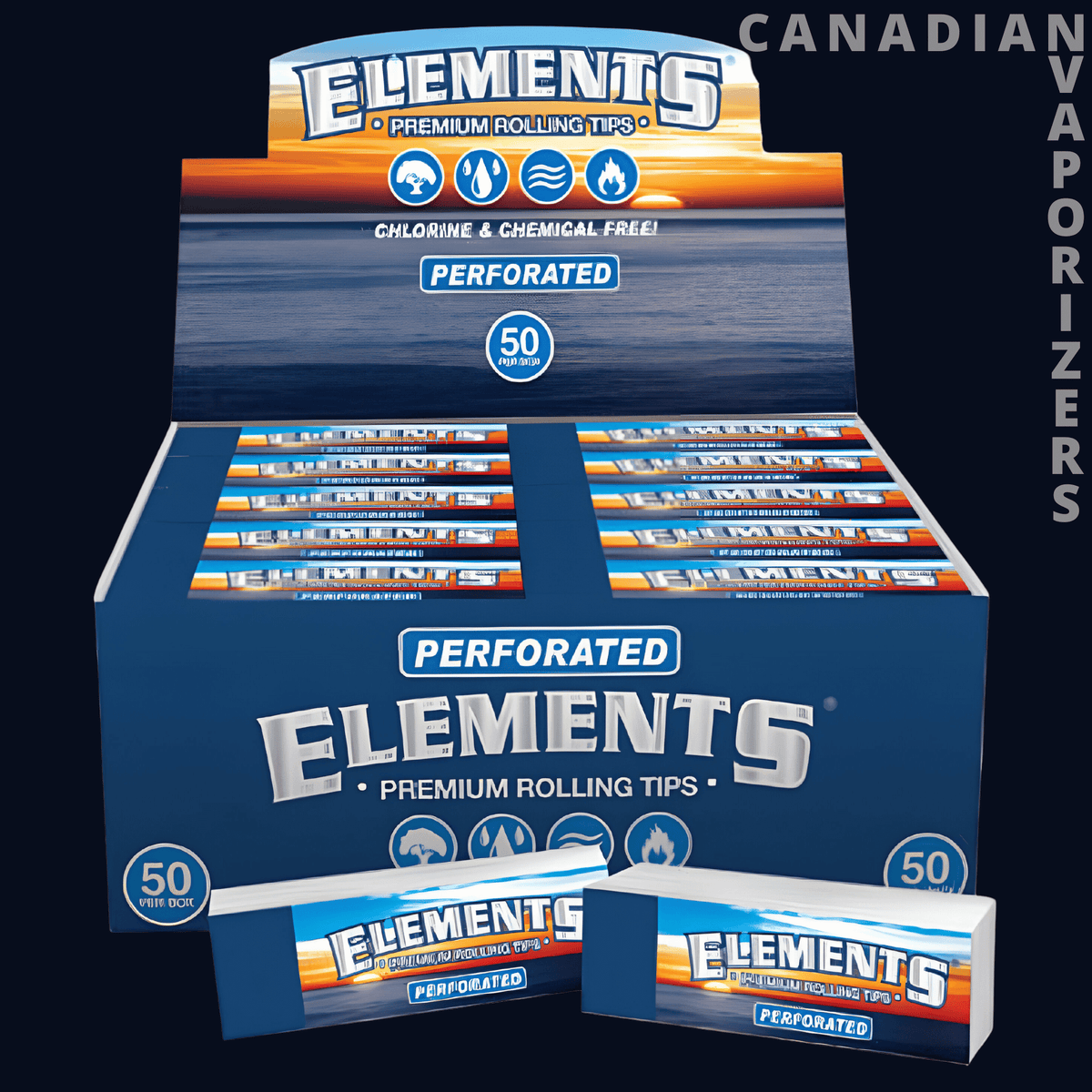 Elements Perforated Rolling Tips (Display of 50) - Blue Elements perforated rolling tips display box with 50 slim packs and bold white lettering.