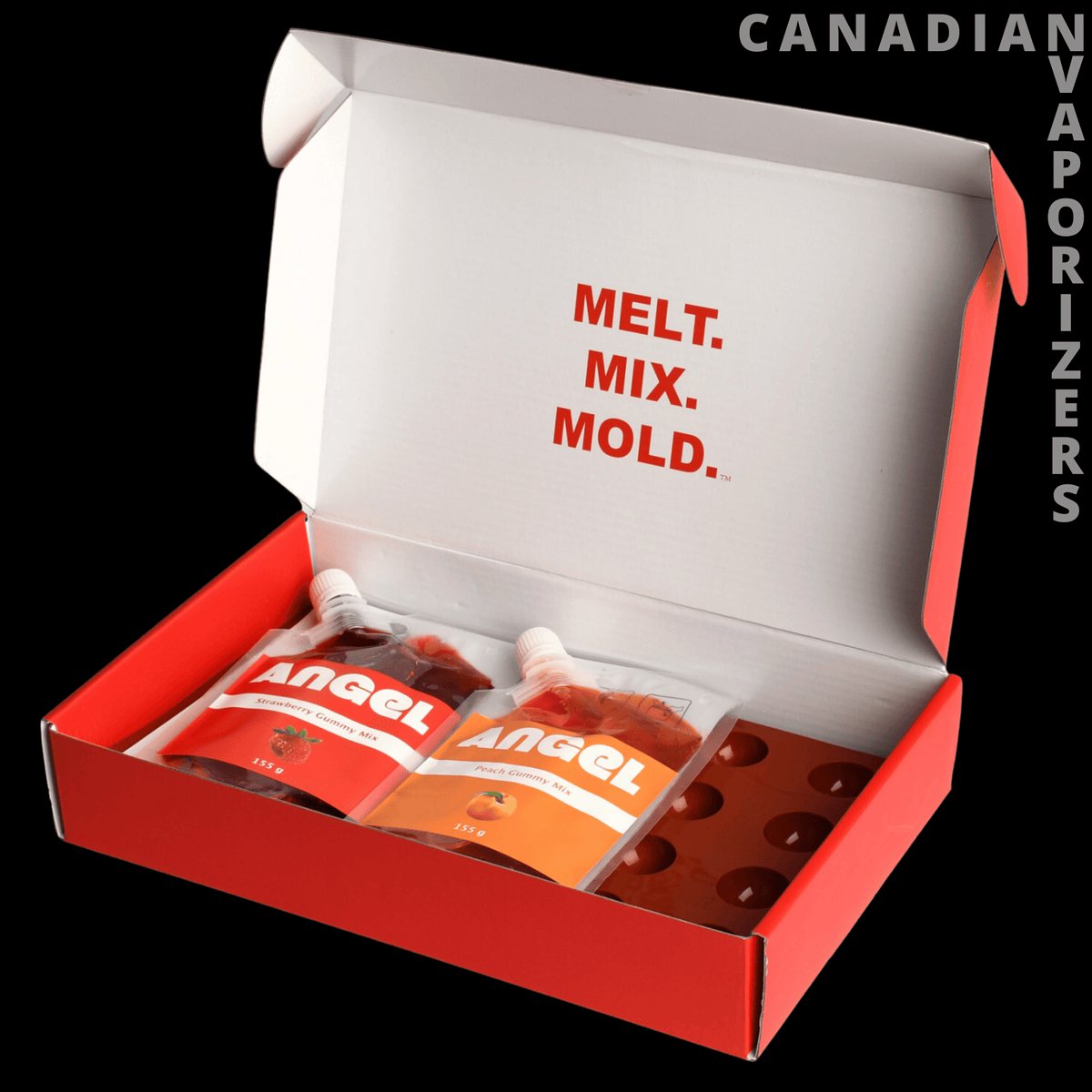 Enjoy Angel DIY Gummy Making Kit - Strawberry &amp; Peach - Open red Enjoy Angel gummy-making kit box with mold trays, orange strawberry and peach packets, and “Melt. Mix. Mold.” lid.
