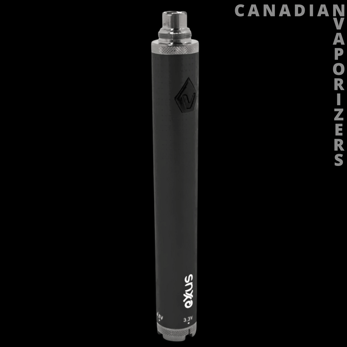 Exxus 1600 Cartridge Vaporizer (Pack of 12) - Black Exxus 1600 cartridge vaporizer battery with silver top and bottom accents, shown upright.