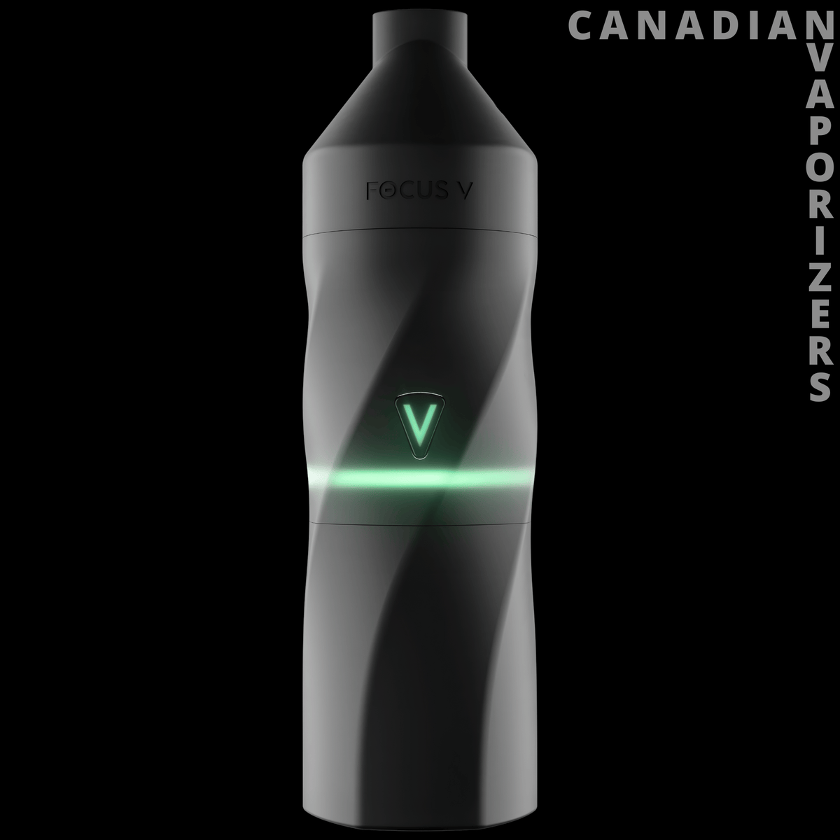 Focus V Aeris Vaporizer - Black Focus V Aeris vaporizer with a sculpted body, glowing green indicator, and vertical “VAPORIZERS” branding.