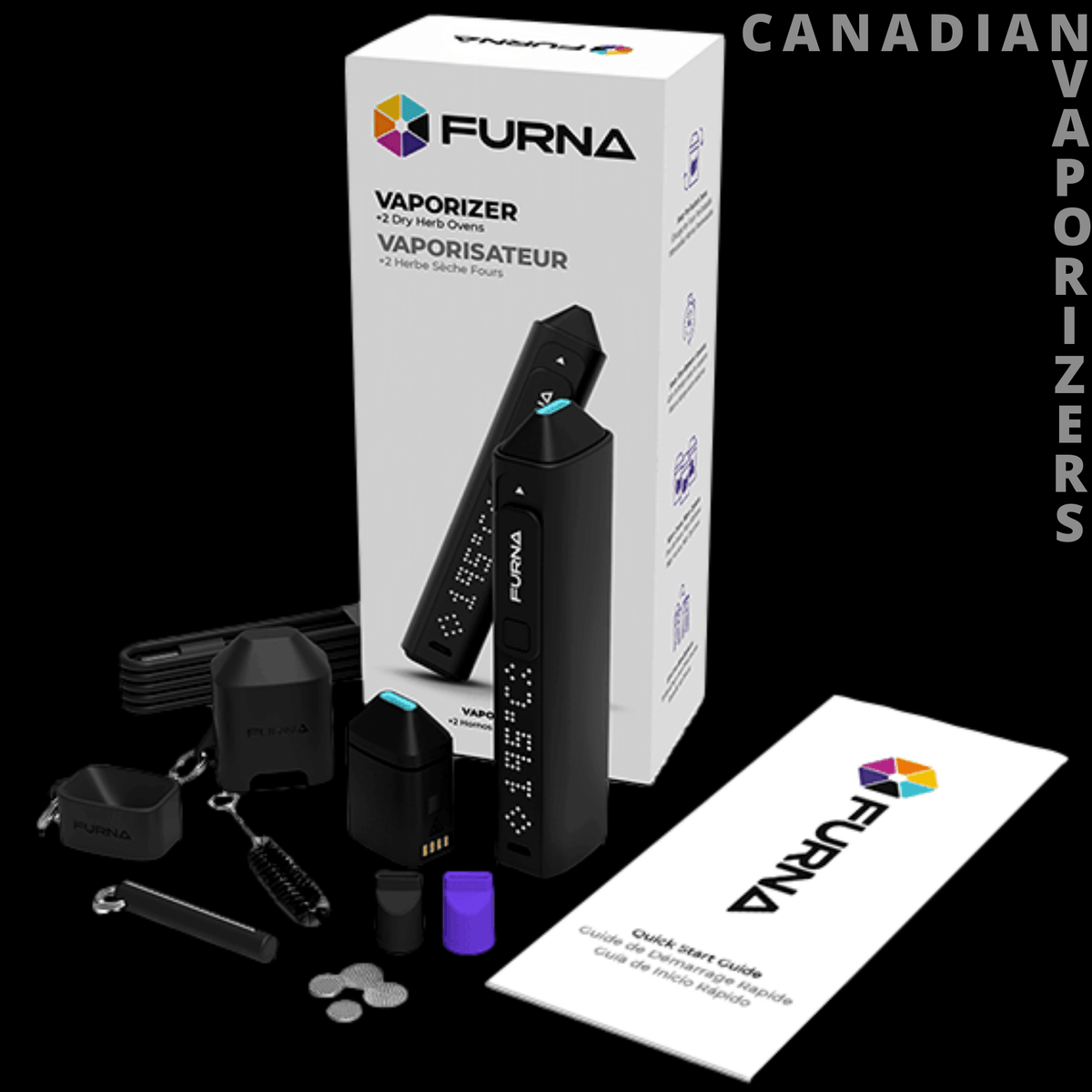 Furna Vaporizer - Black Furna vaporizer with digital display, charger, purple accessory, and white retail box and booklet.