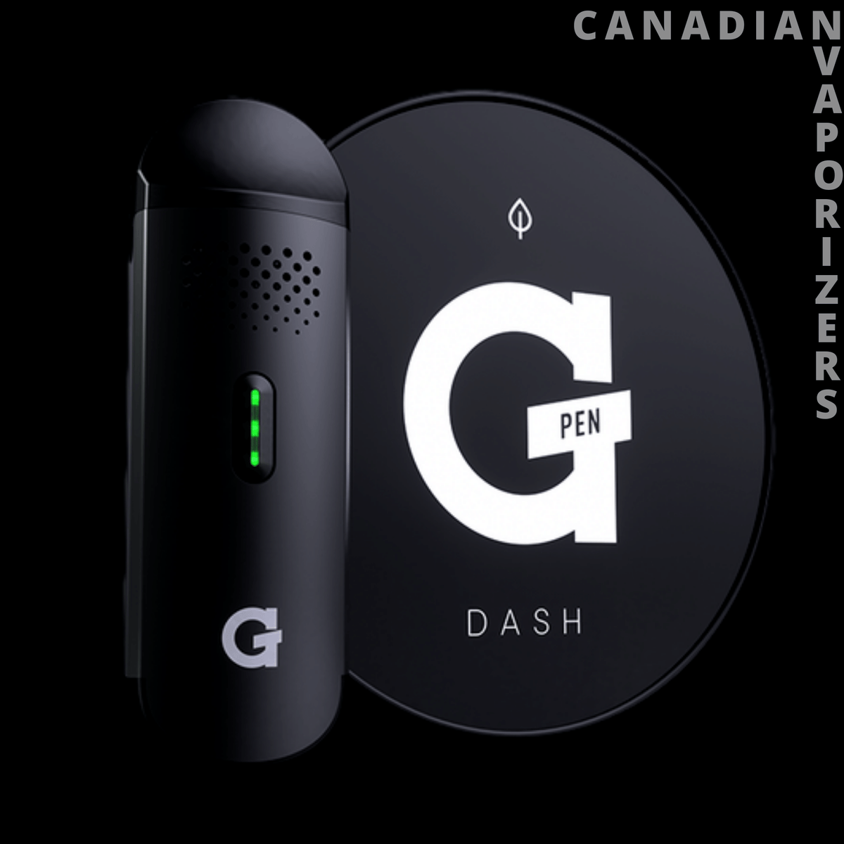 G Pen Dash Vaporizer - Black G Pen Dash vaporizer with a slim matte body, green LED indicator, and circular G logo backdrop.