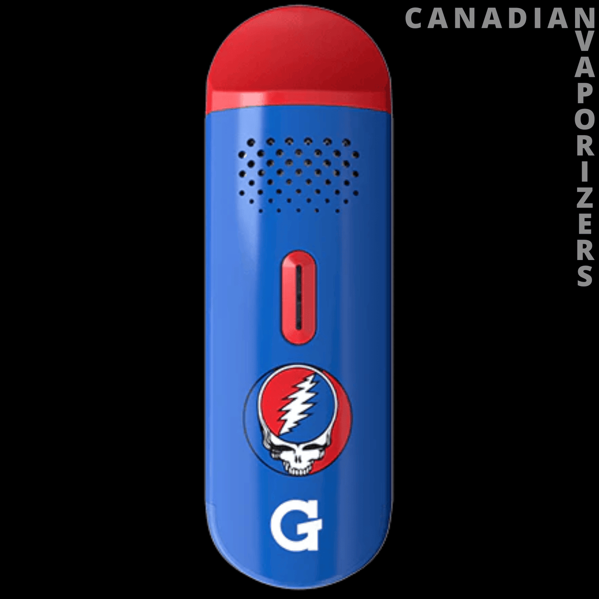 G Pen Dash Vaporizer - Blue G Pen Dash vaporizer with a red rounded top, perforated vents, red button, and white logo.