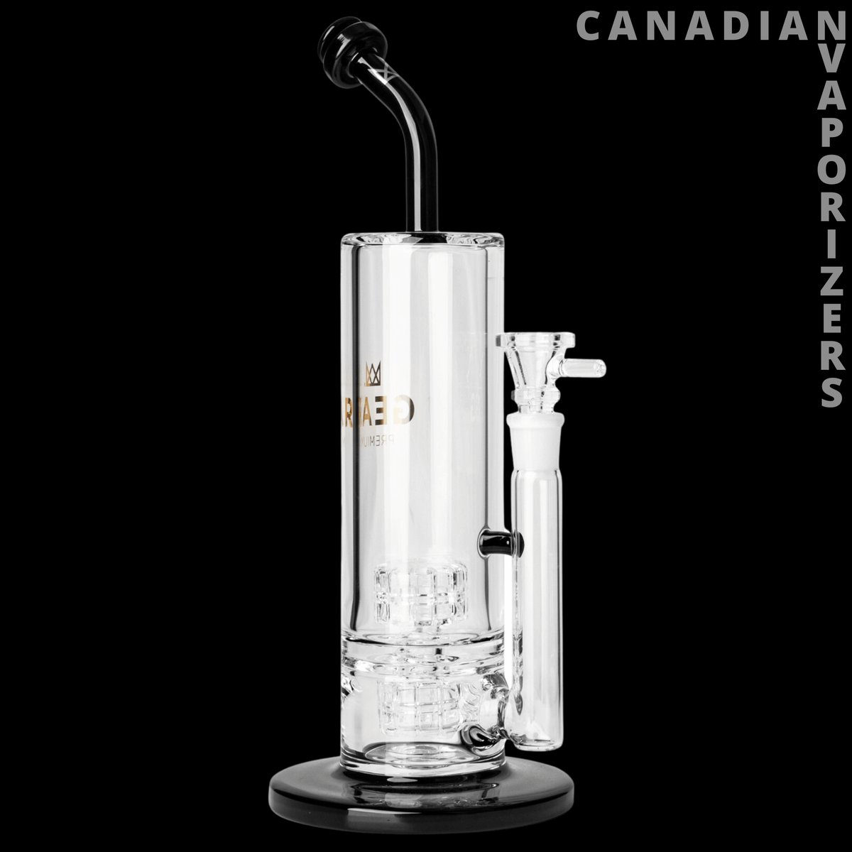 Gear Premium 11.5" 7mm Thick Temple Bubbler - Clear glass temple bubbler with thick cylindrical chamber, angled mouthpiece, side joint, and black base.