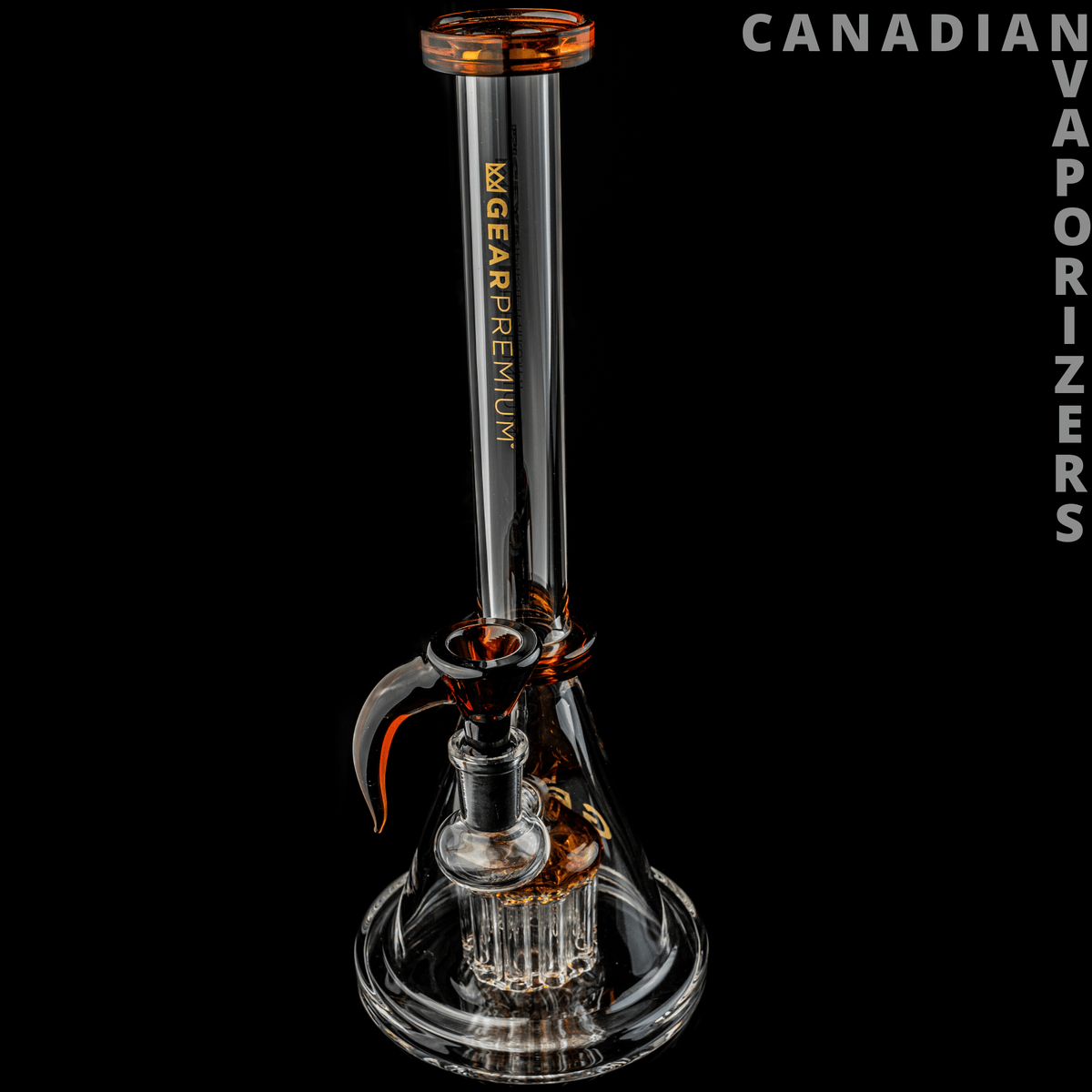 GEAR Premium 11.5" Tall Europa Beaker Tube W/8 Arm Tree Perc - Clear glass beaker tube with amber accents, tall neck, and an eight-arm tree percolator.