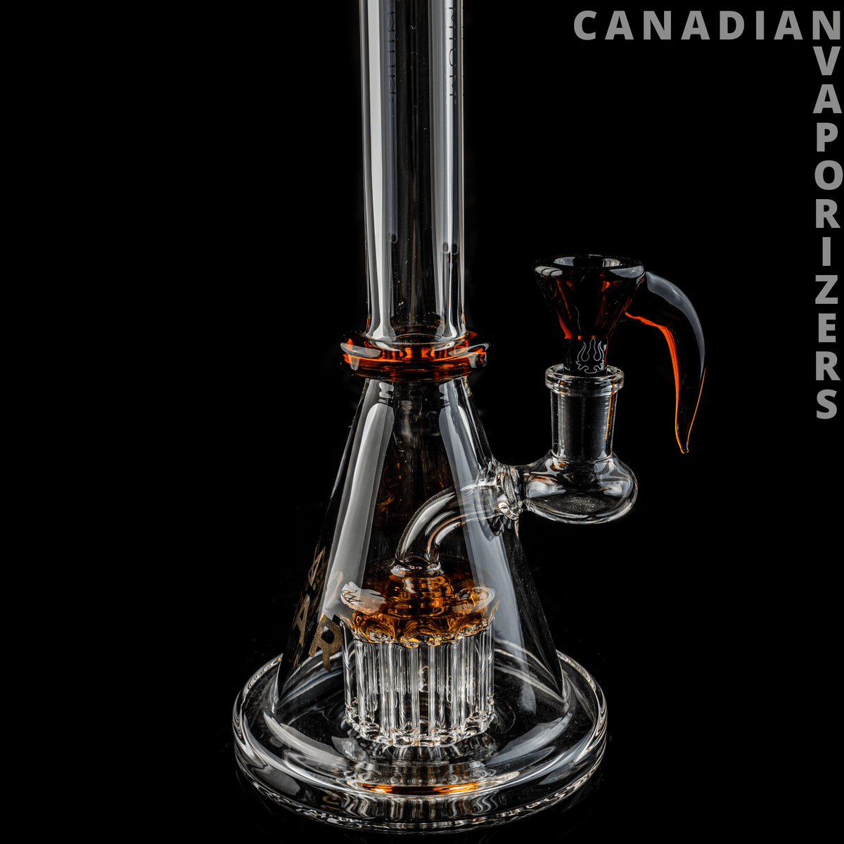 GEAR Premium 11.5" Tall Europa Beaker Tube W/8 Arm Tree Perc - Clear glass beaker tube with amber accents and an eight-arm tree percolator, shown against black.