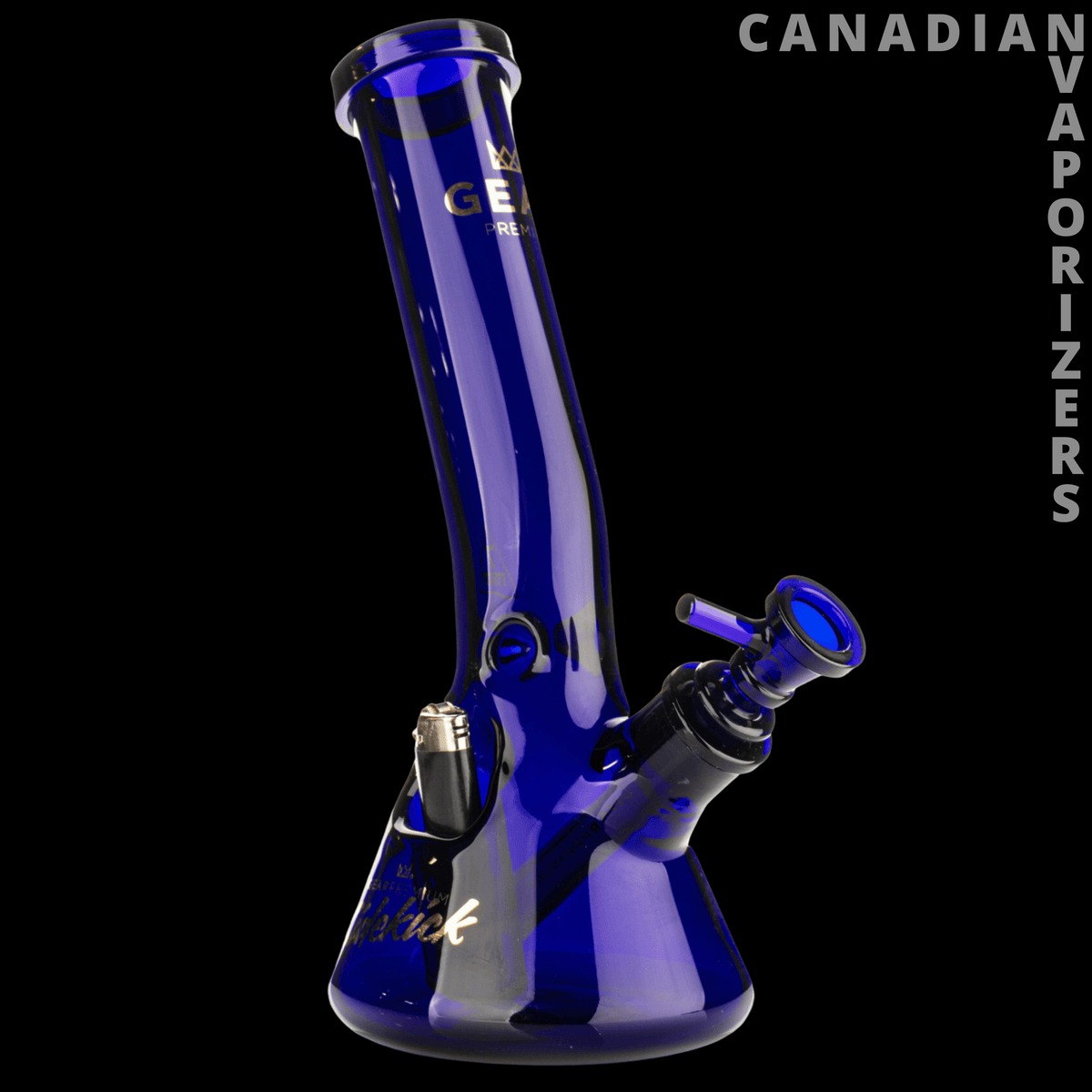 Gear Premium 12" 7mm Thick Sidekick Laid Back Beaker Base Water Pipe - Blue glass beaker water pipe with a curved neck, angled sidekick bowl, and wide base.