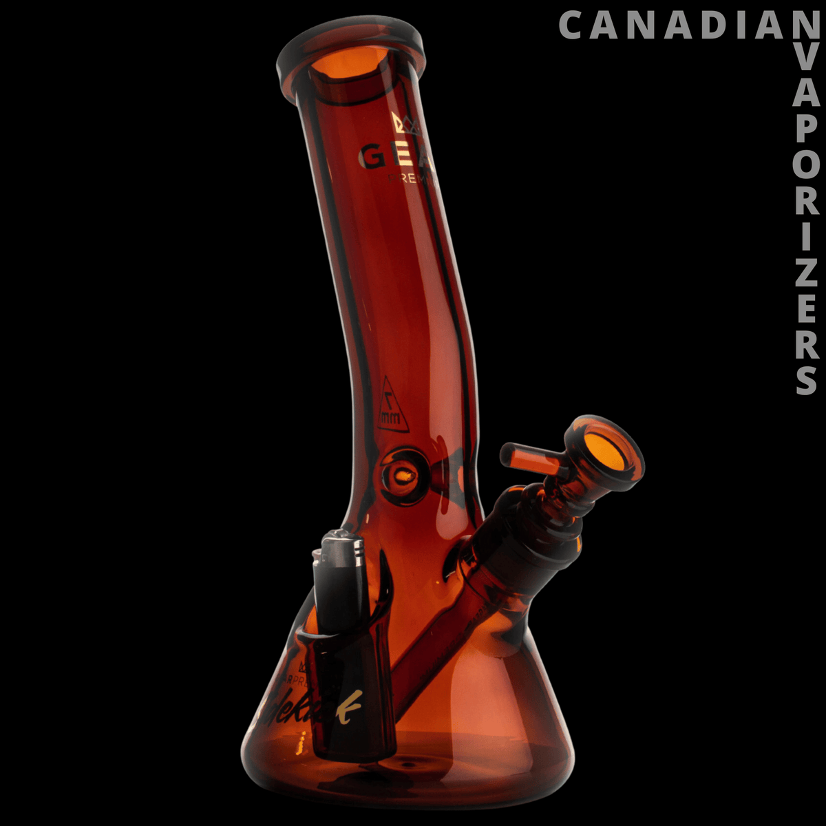 Gear Premium 12" 7mm Thick Sidekick Laid Back Beaker Base Water Pipe - Amber-orange glass beaker water pipe with a slanted neck, angled sidekick mouthpiece, and black gear accents.