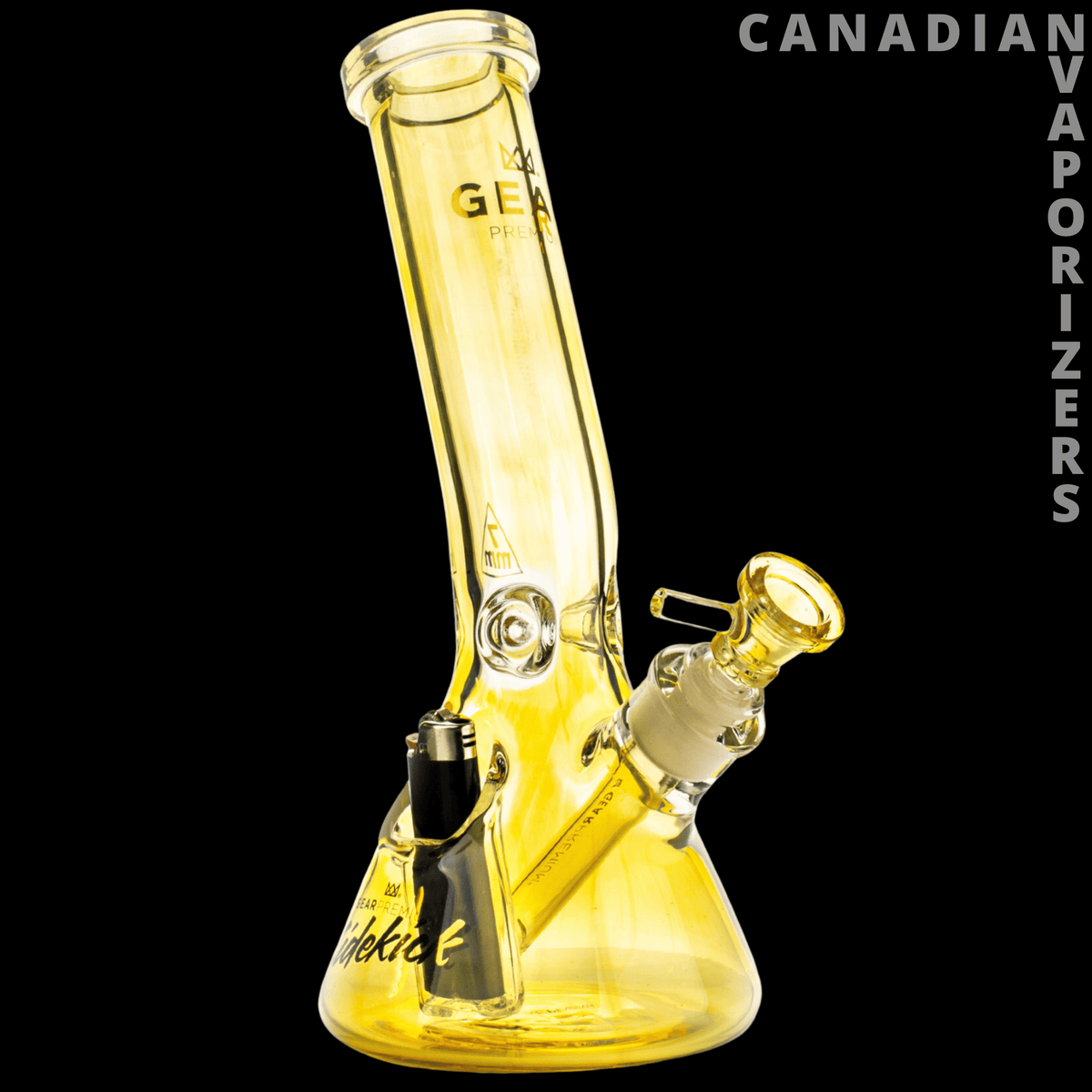 Gear Premium 12" 7mm Thick Sidekick Laid Back Beaker Base Water Pipe - Yellow-tinted glass beaker water pipe with a slanted neck, sidekick bowl, and flared base.