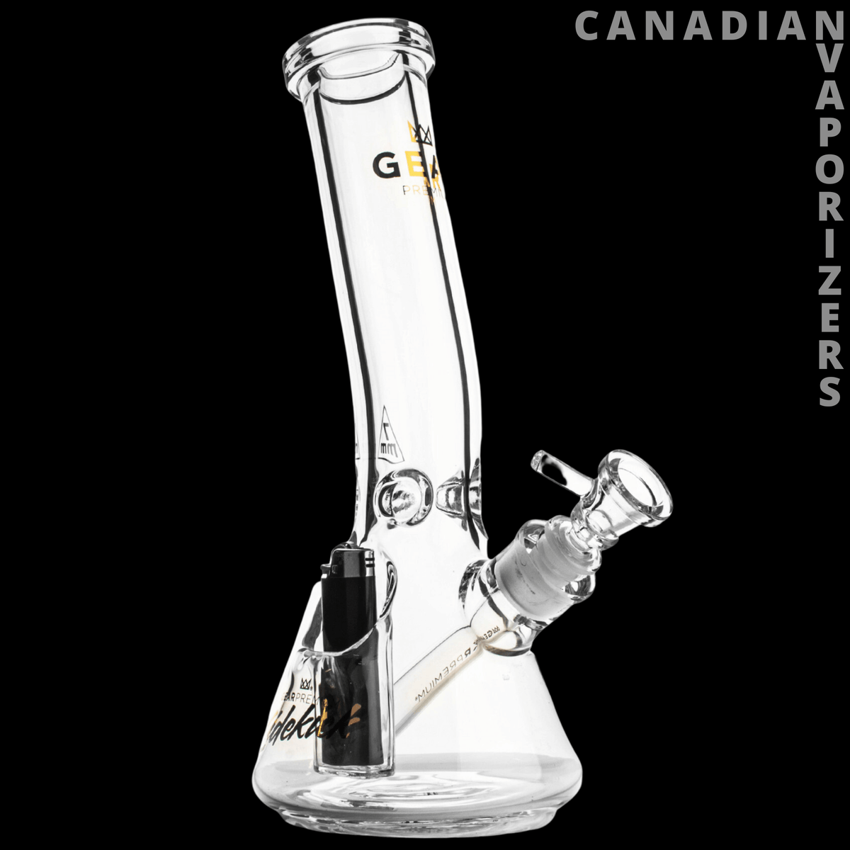 Gear Premium 12" 7mm Thick Sidekick Laid Back Beaker Base Water Pipe - Clear 12-inch beaker water pipe with a thick base, angled joint, and black sidekick chamber.