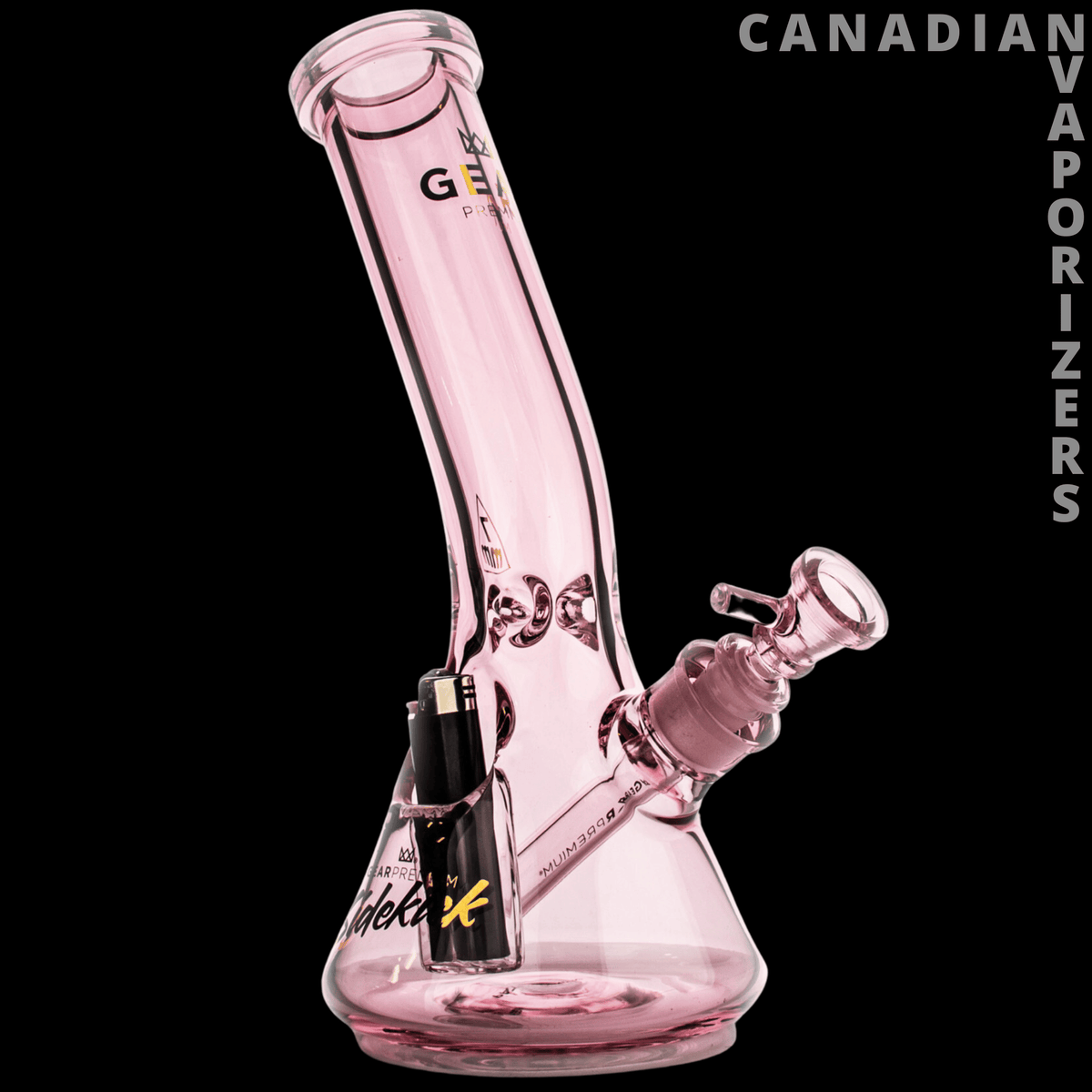 Gear Premium 12" 7mm Thick Sidekick Laid Back Beaker Base Water Pipe - Pink glass beaker water pipe with angled neck, flared base, and side-mounted bowl joint.