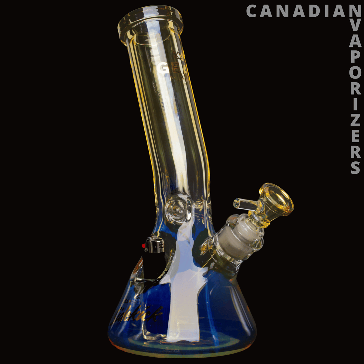 Gear Premium 12" 7mm Thick Sidekick Laid Back Beaker Base Water Pipe - Clear glass beaker water pipe with blue base, angled sidekick joint, and gold accents.