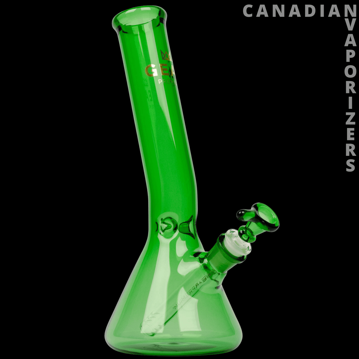 Gear Premium 12" Laid Back Tube - Bright green glass water pipe with a flared base, angled neck, and side-mounted bowl.