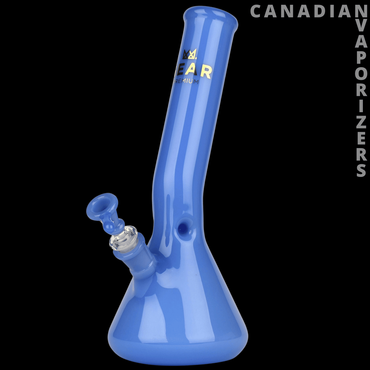 Gear Premium 12" Laid Back Tube - Blue 12-inch glass tube with a flared base, angled bowl, and yellow Gear logo.