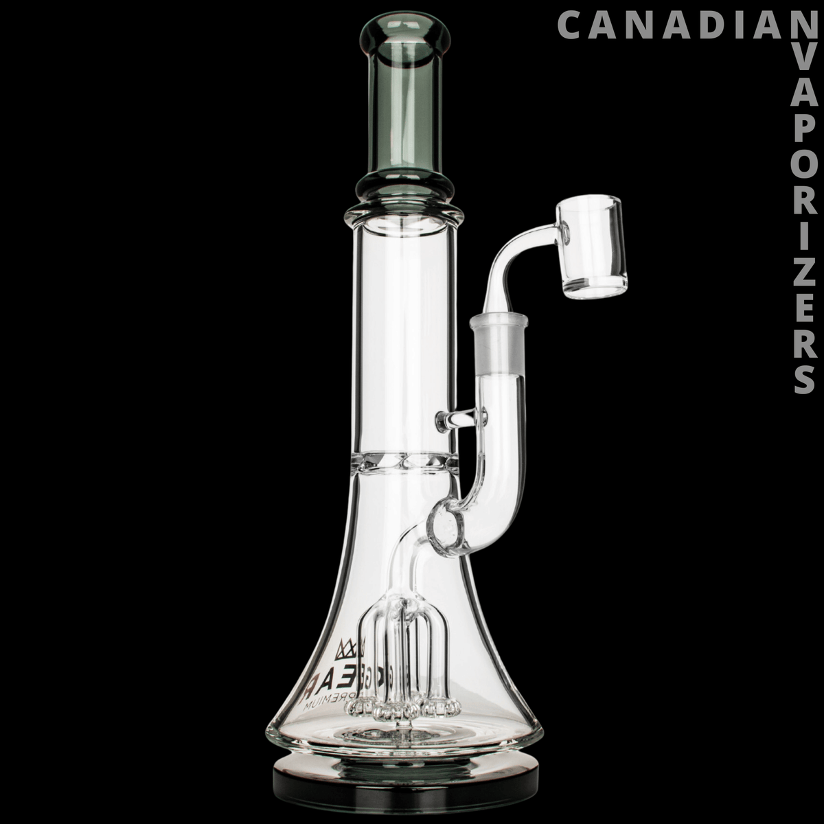 Gear Premium 12" Quatro Concentrate Rig - Clear glass concentrate rig with flared base, internal percolator, and angled side attachment with quartz banger.