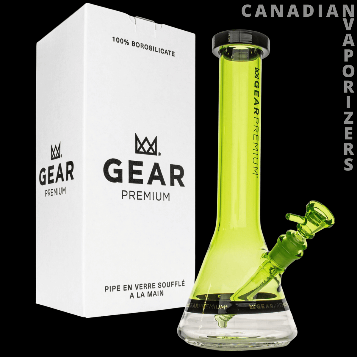 Gear Premium 12" Tuxedo Beaker Base Water Pipe (Limited Edition) - Lime green glass beaker water pipe with black-rimmed mouthpiece, angled bowl, and clear flared base beside Gear Premium box.