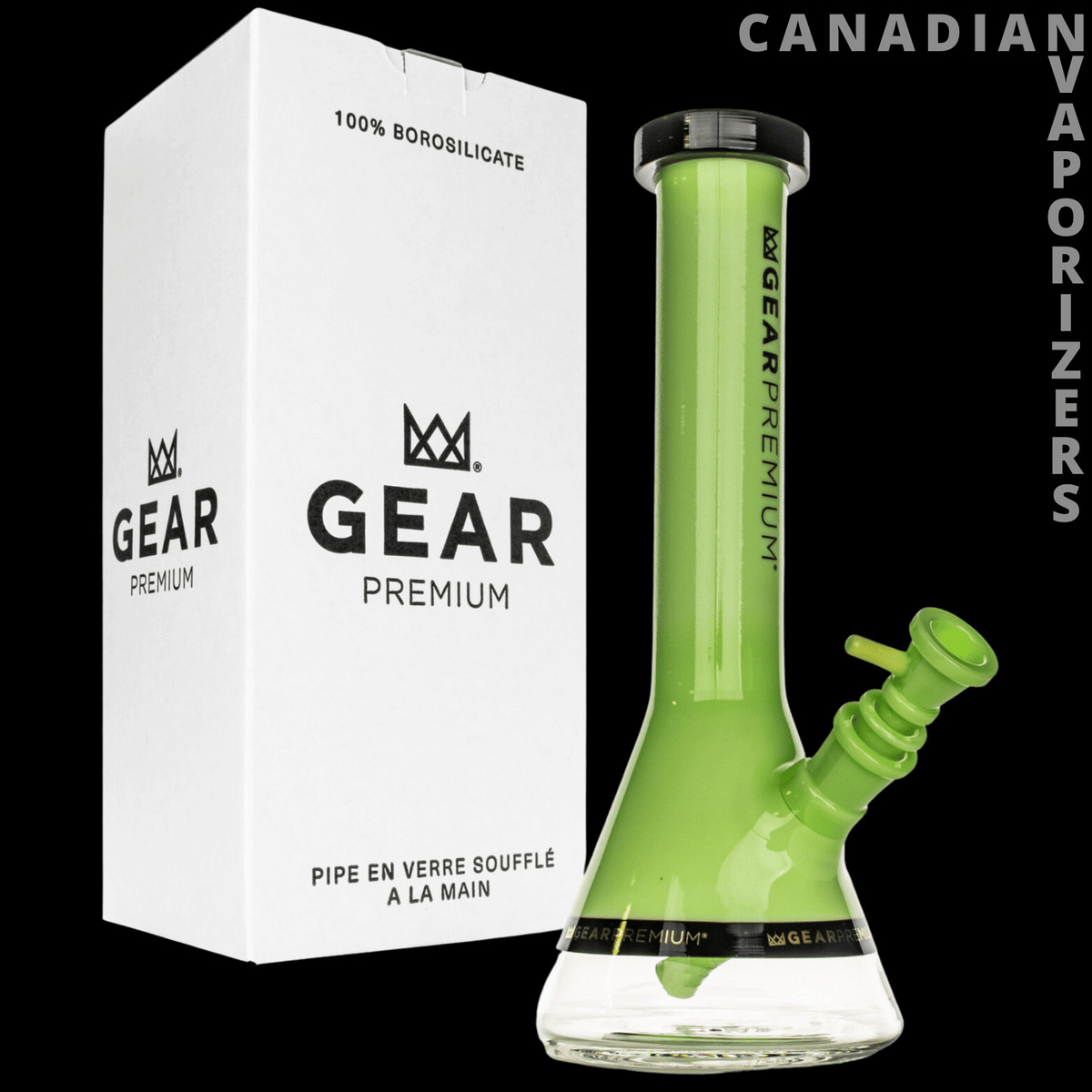 Gear Premium 12" Tuxedo Beaker Base Water Pipe (Limited Edition) - Lime green glass beaker water pipe with a flared base, angled downstem, and black-rimmed mouthpiece beside a white Gear.
