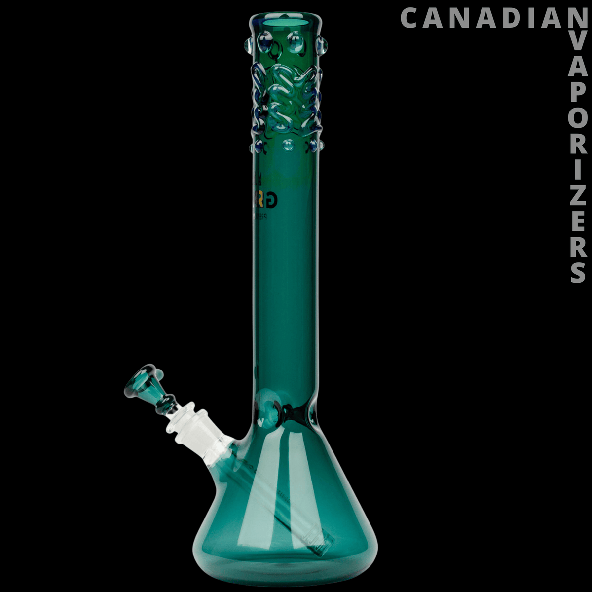 Gear Premium 14" Beaker Tube - Teal-green glass beaker tube with a long neck, textured grip, angled side joint, and flared base.