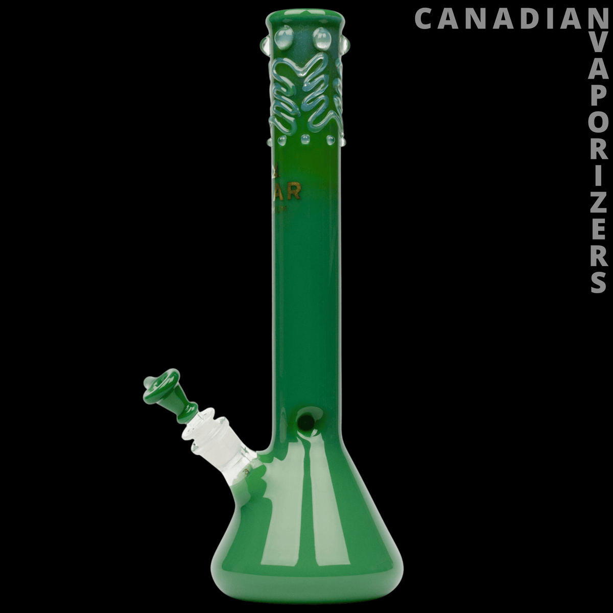 Gear Premium 14" Beaker Tube - Green 14-inch glass beaker tube with a white leaf pattern, angled joint, and flared base.