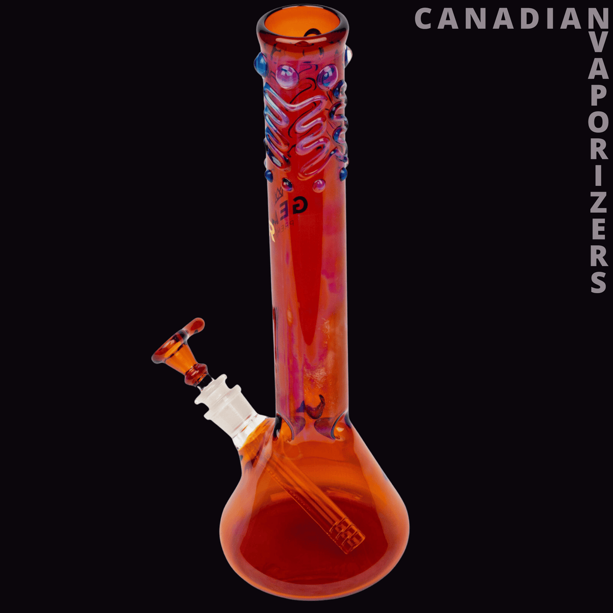 Gear Premium 14" Beaker Tube - Amber glass beaker tube with a red-and-blue patterned neck, angled side joint, and wide base.