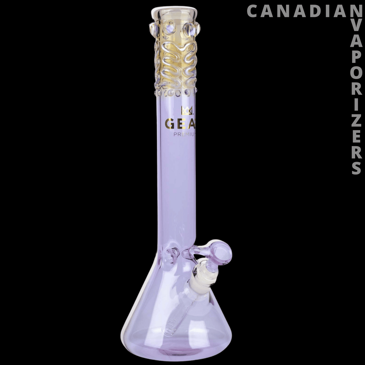 Gear Premium 14" Beaker Tube - Lavender glass beaker tube with a flared base, clear side bowl, and gold coil accents near the mouthpiece.