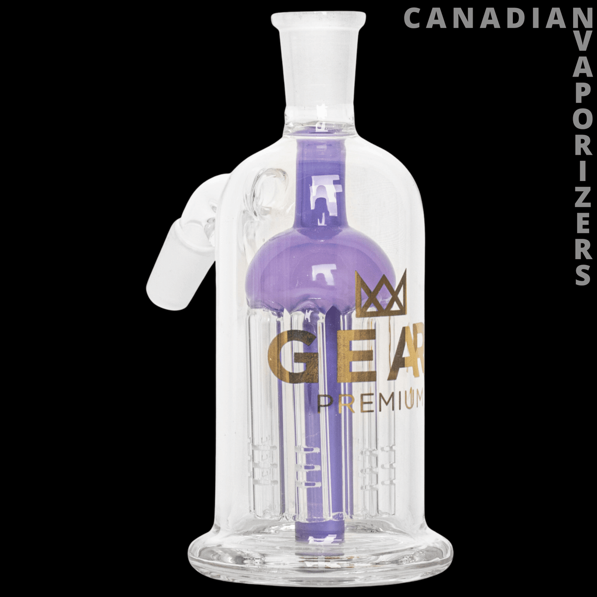 Gear Premium 14mm 45 Degree Ash Catcher W/8-Arm Tree Perc - Clear glass ash catcher with purple 8-arm tree perc, 45-degree joint, and gold Gear Premium logo.