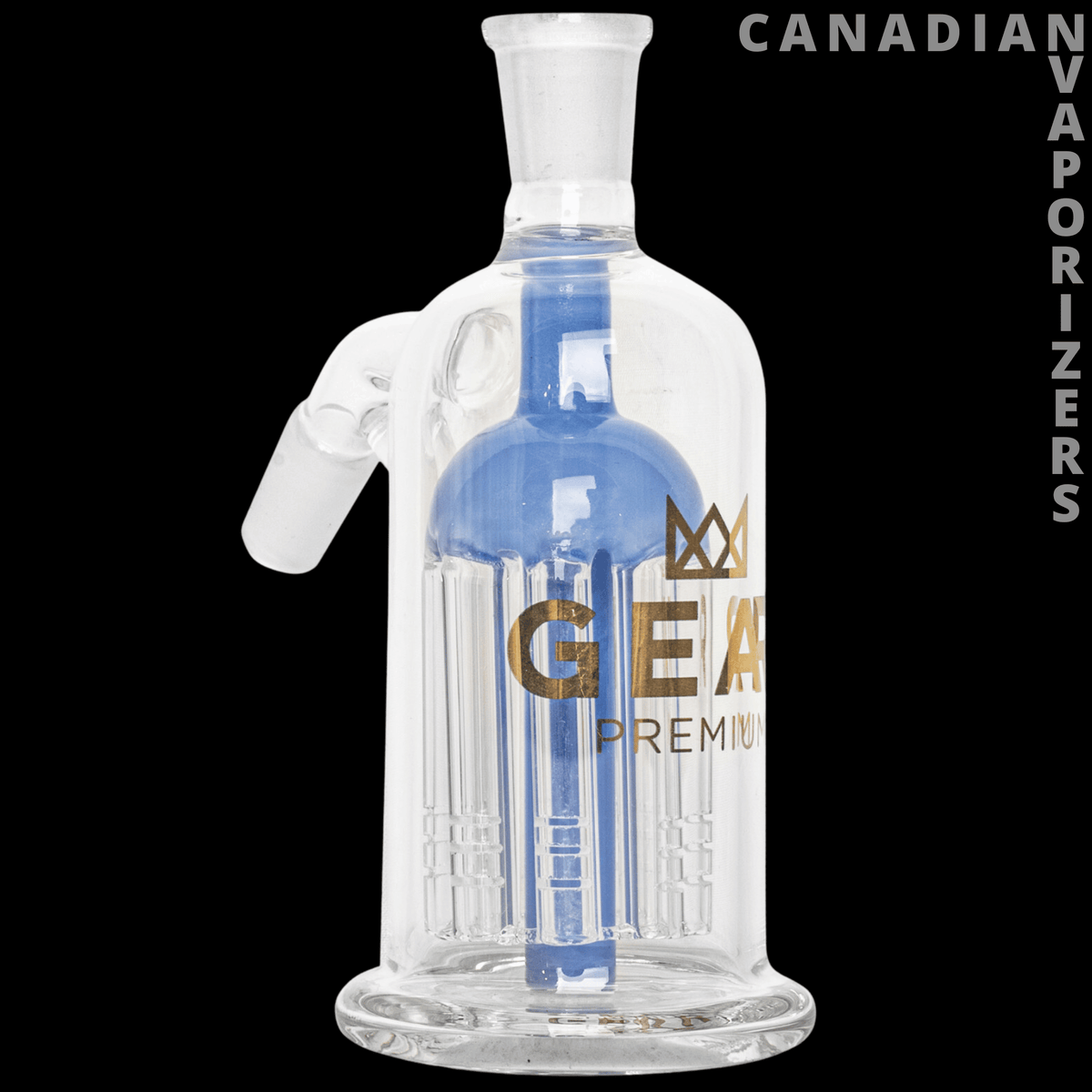 Gear Premium 14mm 45 Degree Ash Catcher W/8-Arm Tree Perc - Clear glass 45-degree ash catcher with a blue 8-arm tree percolator and gold Gear branding.