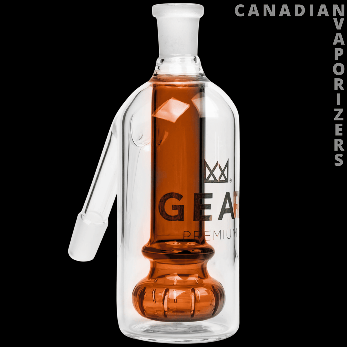 Gear Premium 14mm Ash Catcher - Amber glass 14mm ash catcher with clear angled joint and Gear Premium branding.