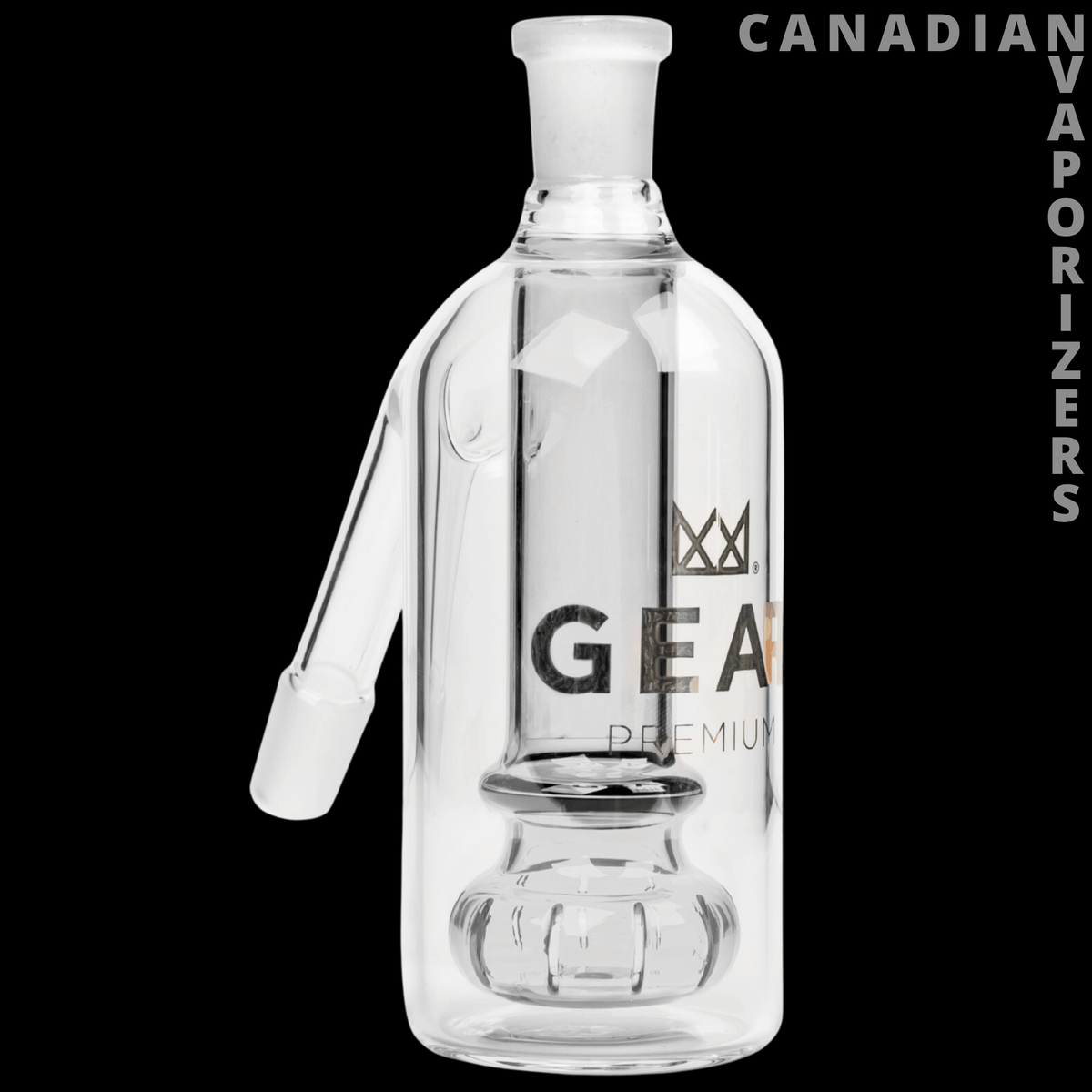 Gear Premium 14mm Ash Catcher - Clear glass 14mm ash catcher with an angled side joint and Gear logo.