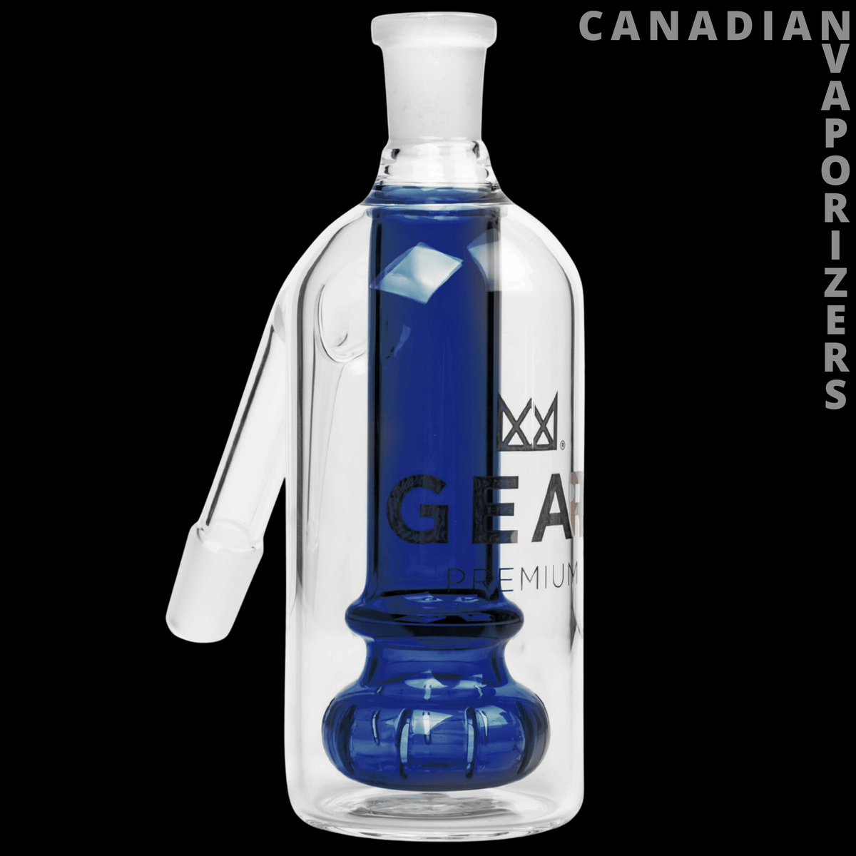 Gear Premium 14mm Ash Catcher - Clear glass Gear Premium ash catcher with a blue inner chamber and angled side joint.