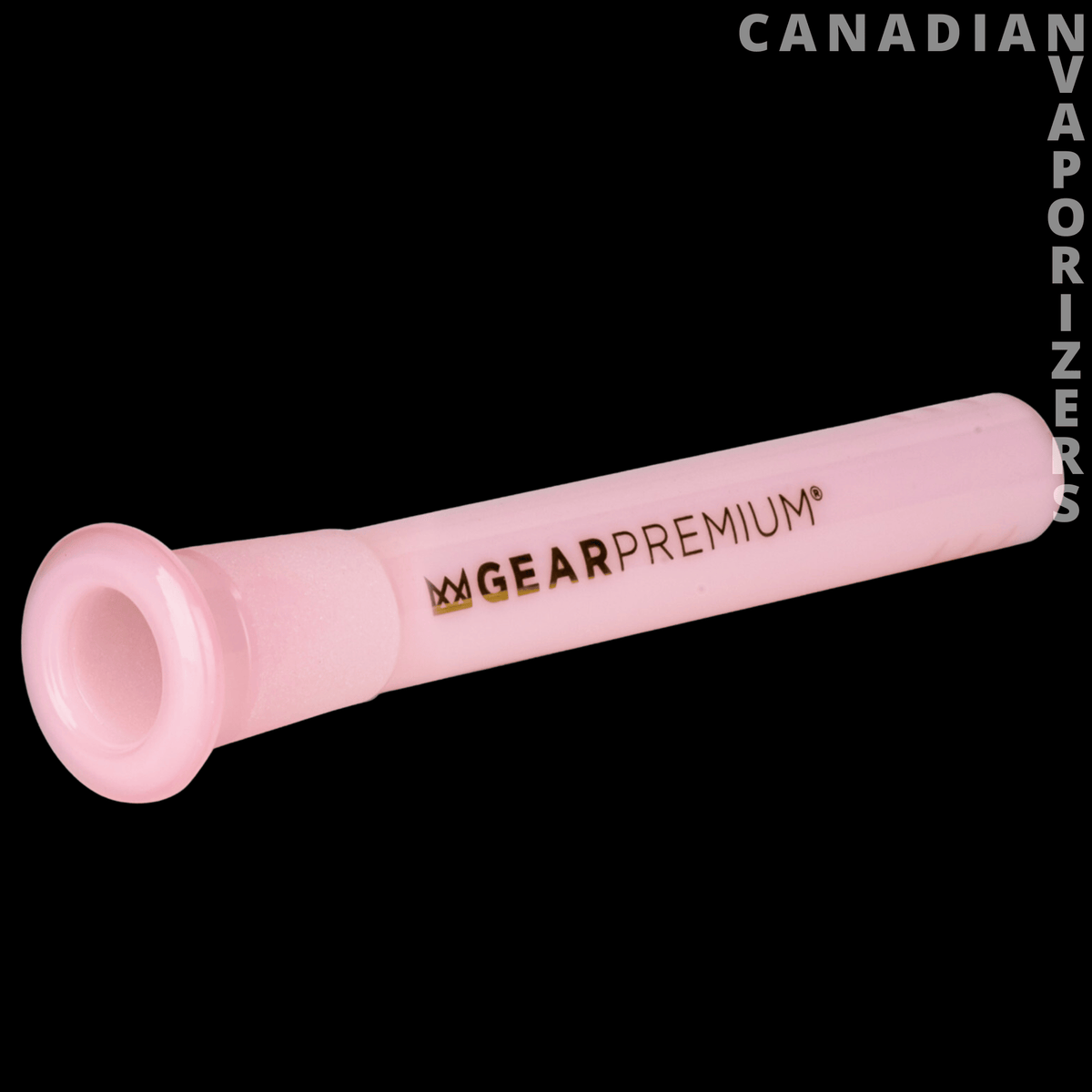Gear Premium 14mm 140mm Diffuser Downstem - Pink glass diffuser downstem with a flared joint and black Gear Premium lettering.