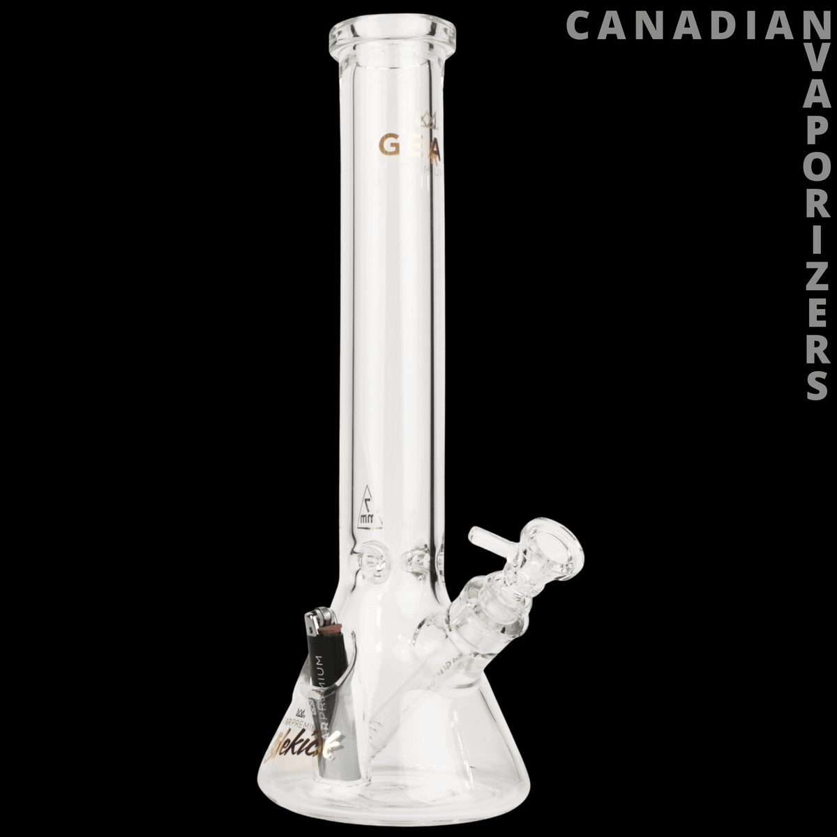 Gear Premium 15" 7mm Thick Sidekick Beaker Tube - Clear glass beaker tube with a thick flared base, angled sidekick joint, and gold accents.