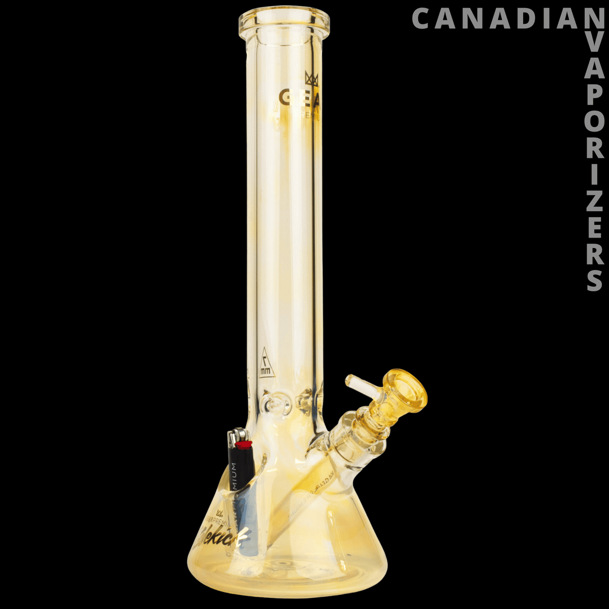 Gear Premium 15" 7mm Thick Sidekick Beaker Tube - Clear glass beaker tube with a wide base, angled sidekick joint, and gold-tone accents.