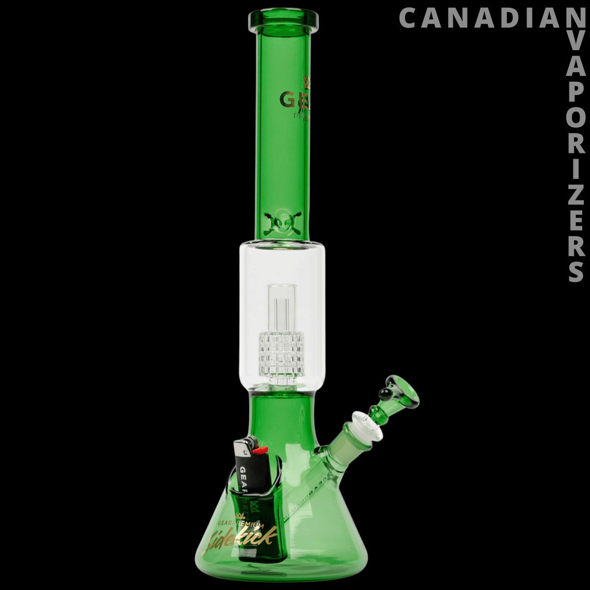 Gear Premium 15.5" Sidekick Boost Beaker Tube - Green glass beaker tube with a white midsection, angled sidekick bowl, and flared base.