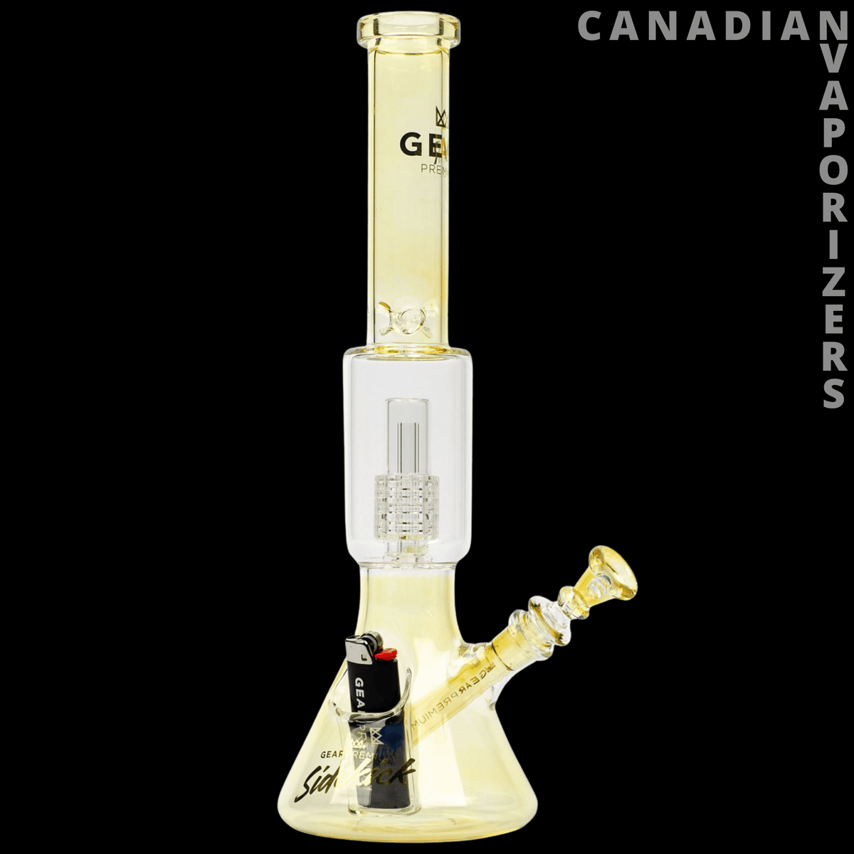 Gear Premium 15.5" Sidekick Boost Beaker Tube - Clear glass beaker tube with a wide base, white sidekick chamber, and angled yellow mouthpiece.