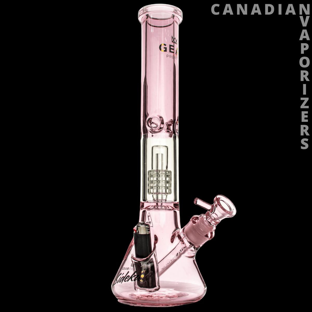 Gear Premium 15.5" Sidekick Boost Beaker Tube - Pink glass beaker tube with a flared base, sidekick bowl, and internal percolator filtration chamber.