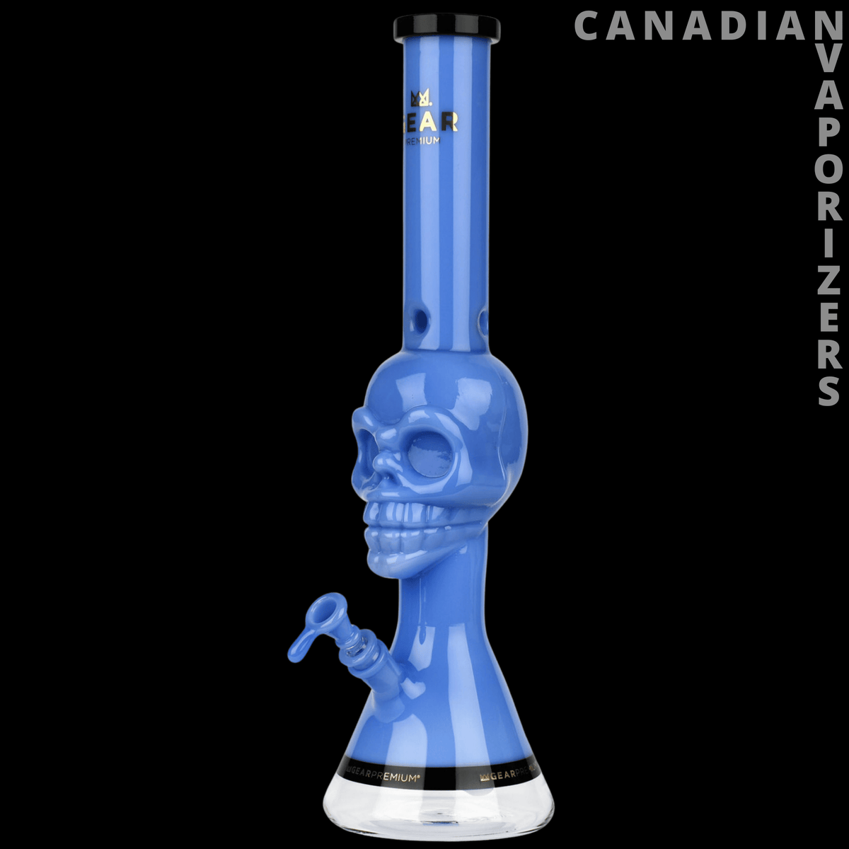 Gear Premium | 18" Tall Tuxedo Skull Beaker w/ Black Accents - Blue glass beaker with a sculpted skull chamber, black accents, and a flared base.