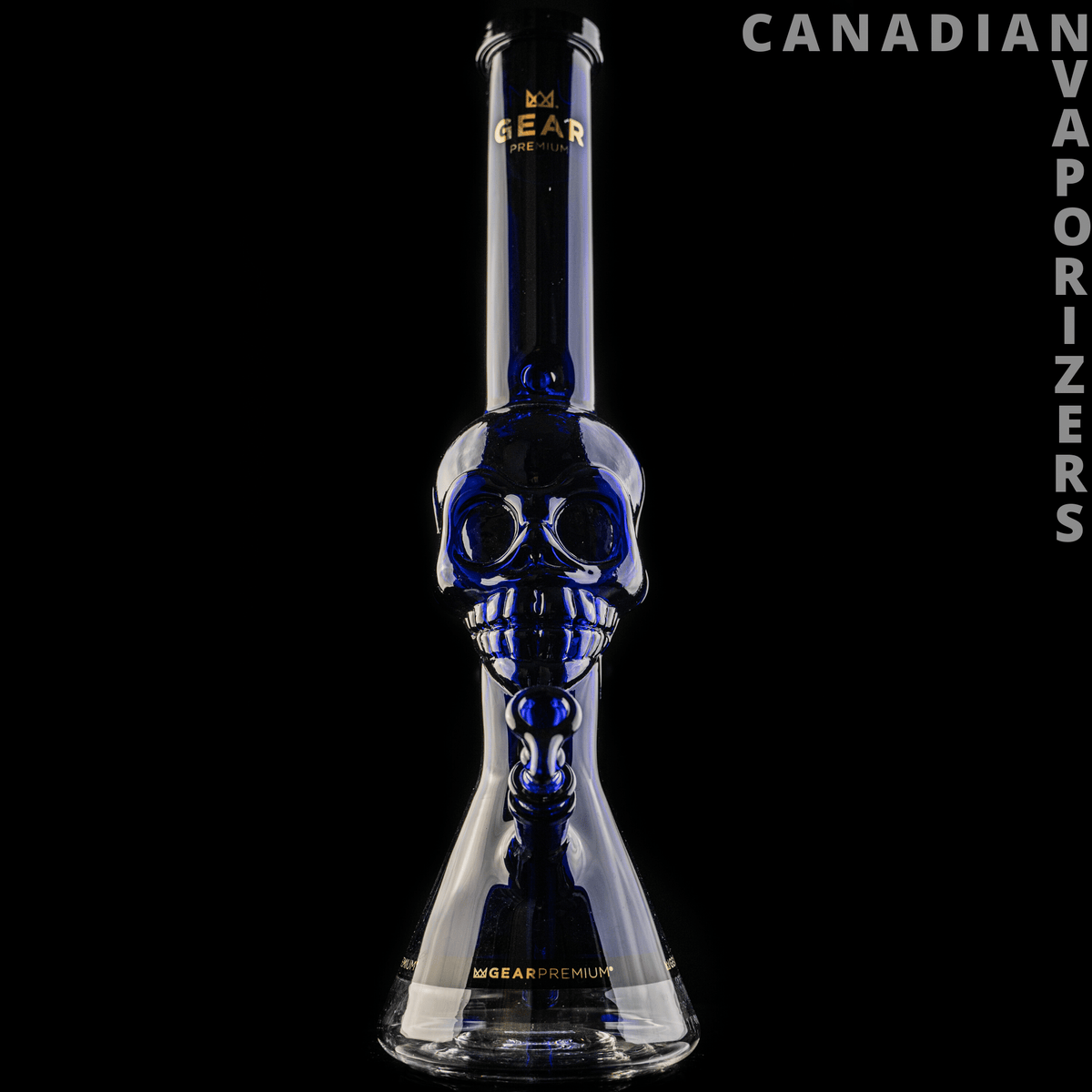 Gear Premium | 18" Tall Tuxedo Skull Beaker w/ Black Accents - Tall blue glass beaker with a sculpted skull-shaped chamber, black accents, and a wide clear base.