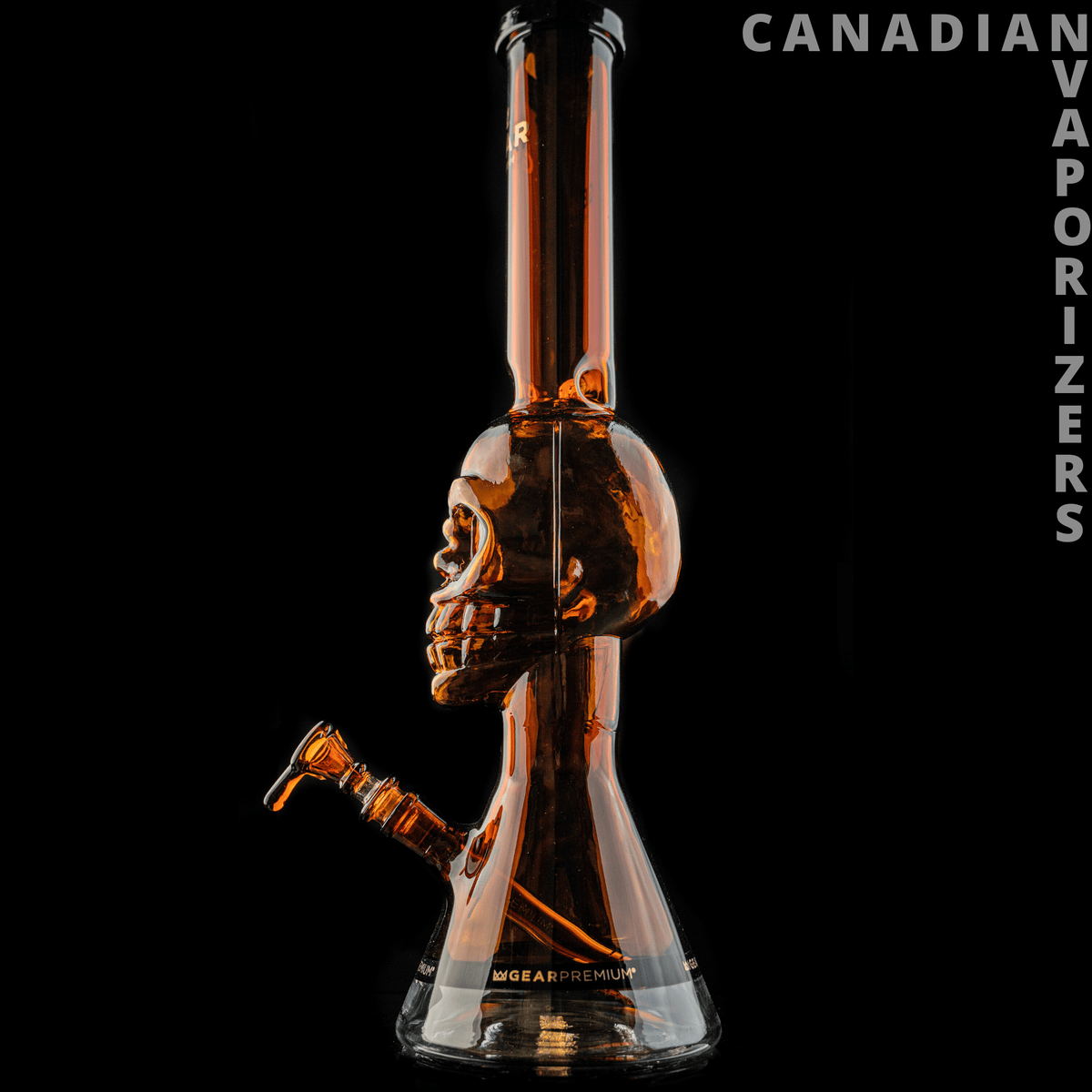 Gear Premium | 18" Tall Tuxedo Skull Beaker w/ Black Accents - Tall amber glass skull beaker with black accents, long neck, side tube, and conical base.