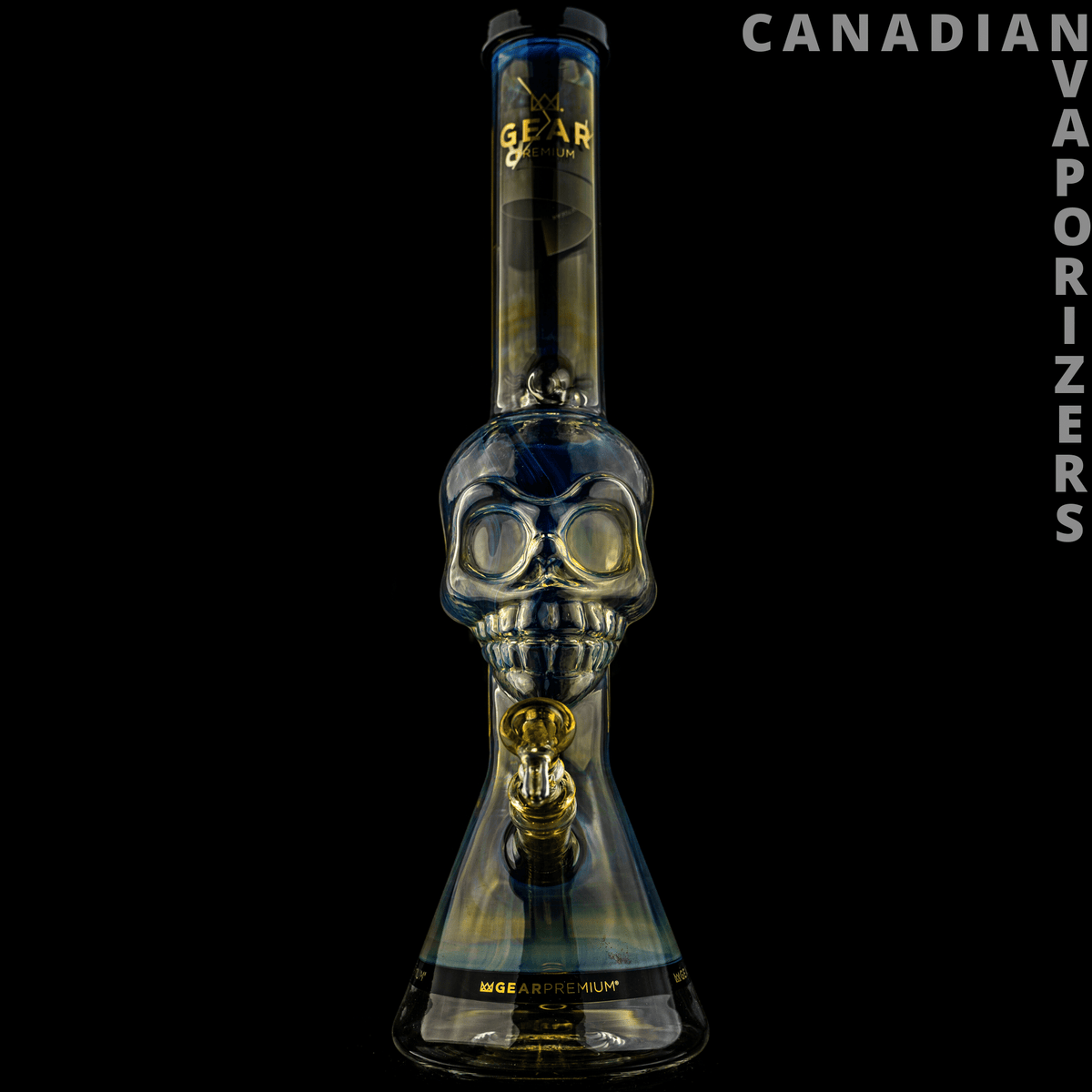 Gear Premium | 18" Tall Tuxedo Skull Beaker w/ Black Accents - Tall black and gold skull-shaped glass beaker bong with a narrow neck and flared base.