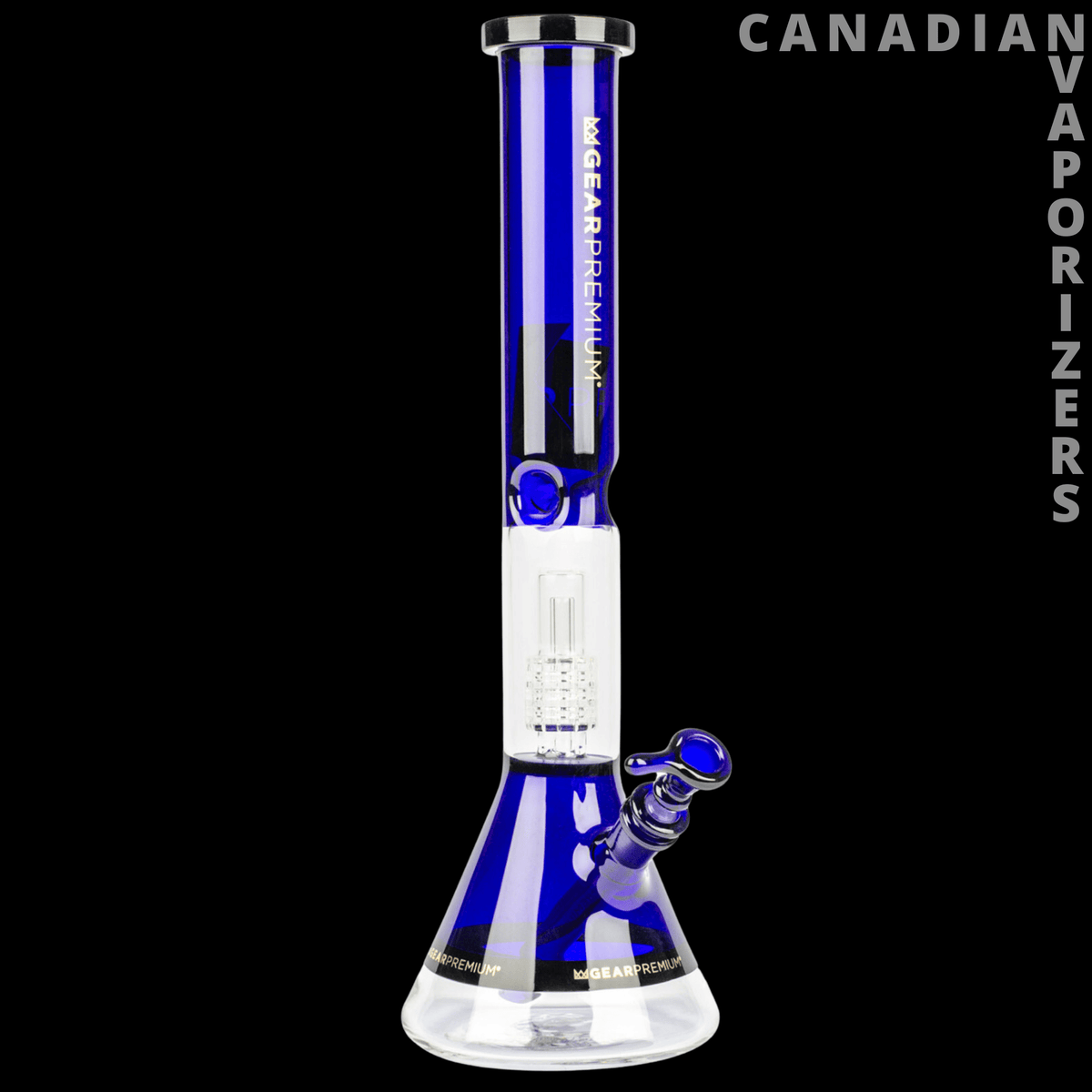Gear Premium 18" Tuxedo Plush Beaker Tube - 18-inch blue and white glass beaker bong with a flared base, ice catcher, and angled blue bowl.