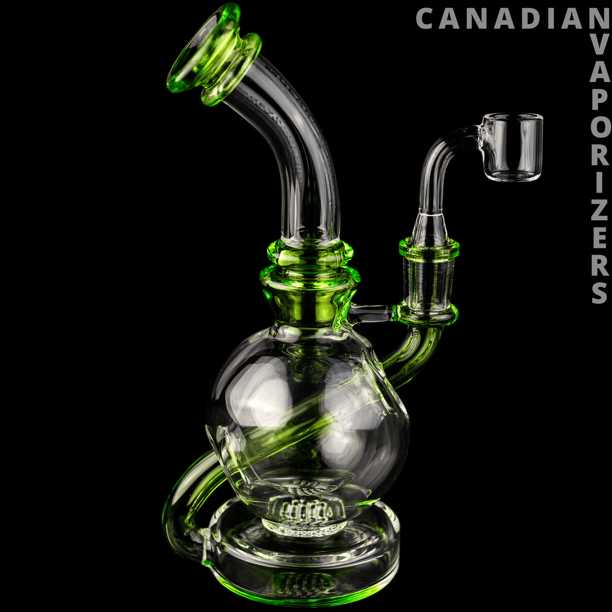 Gear Premium | 8" Nucleus Concentrate Bubbler - Clear glass concentrate bubbler with a rounded chamber, curved neck, and vivid green accents.