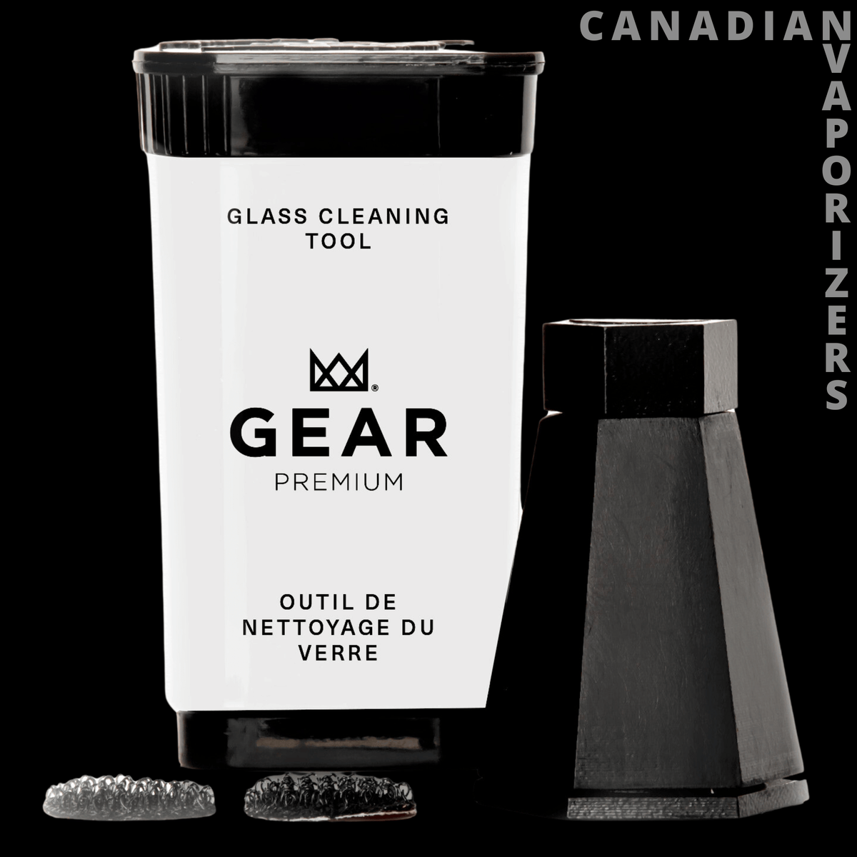 Gear Premium Cleaning Tool (Display of 20) - White Gear Premium glass cleaning tool with black cap, labeled body, and separate black tapered base.